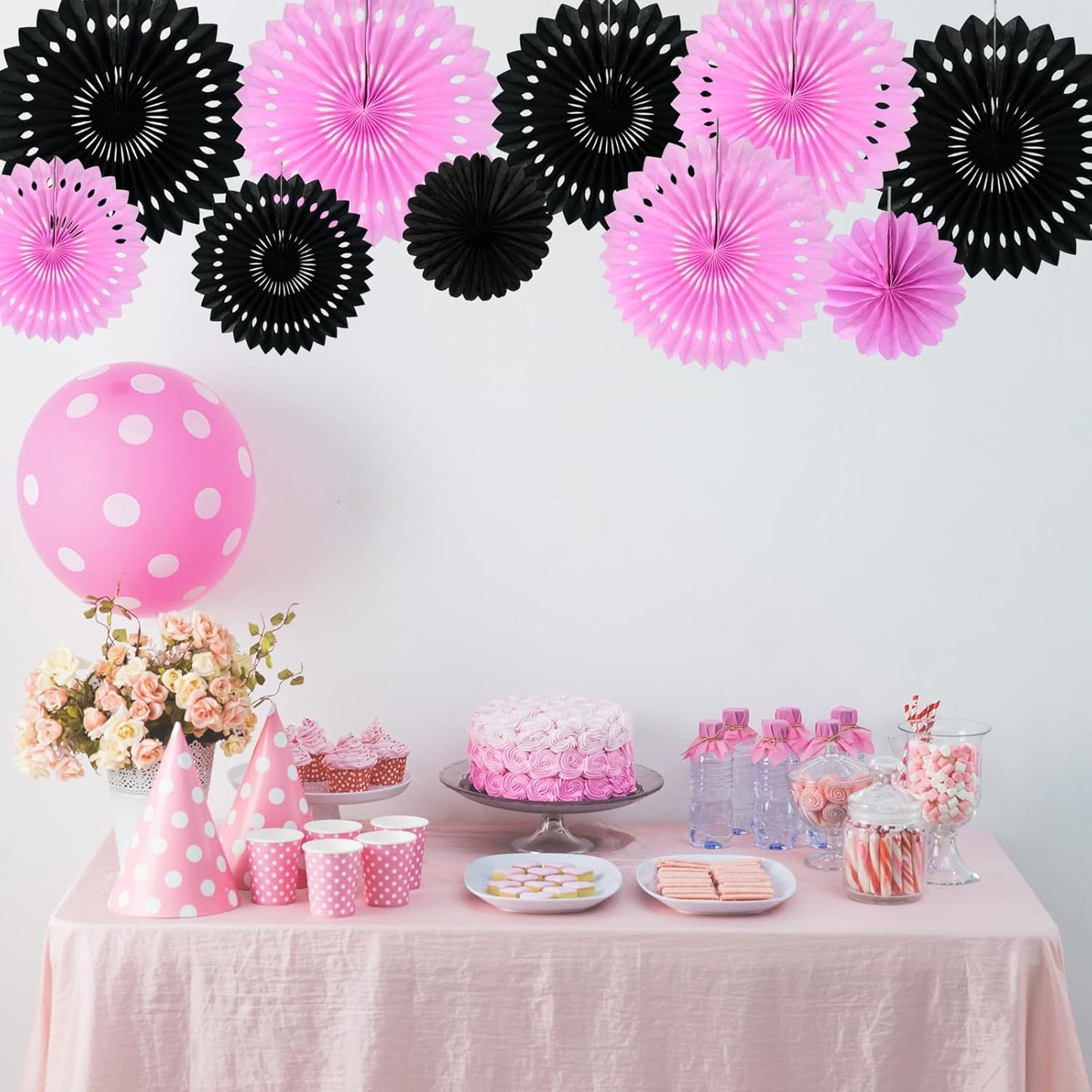 BEISHIDA Pink Black Hanging Honeycomb Round Paper Fans Decoration Bachelorette Theme Tissue Paper Fan Garland for Bridal Shower Women Girls Birthday Wedding Party Supplies(10packs)