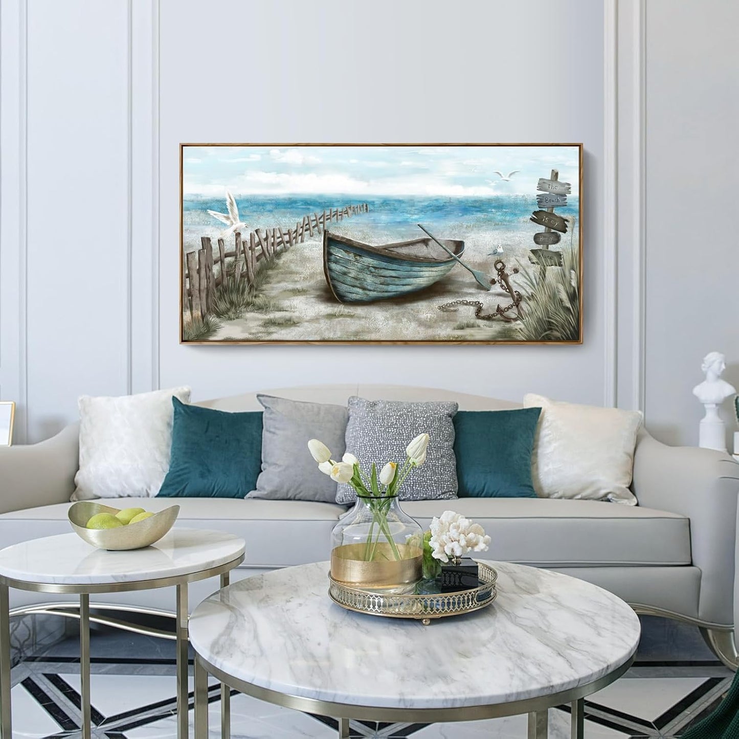 Large Framed Wall Art for Living Room Coastal Canvas Picture Seagull Vintage Boat Artwork Ocean Sea Bird Canvas Print Nautical Rowboat Blue Teal Rustic Beach Themed Farmhouse Bedroom Office Decor
