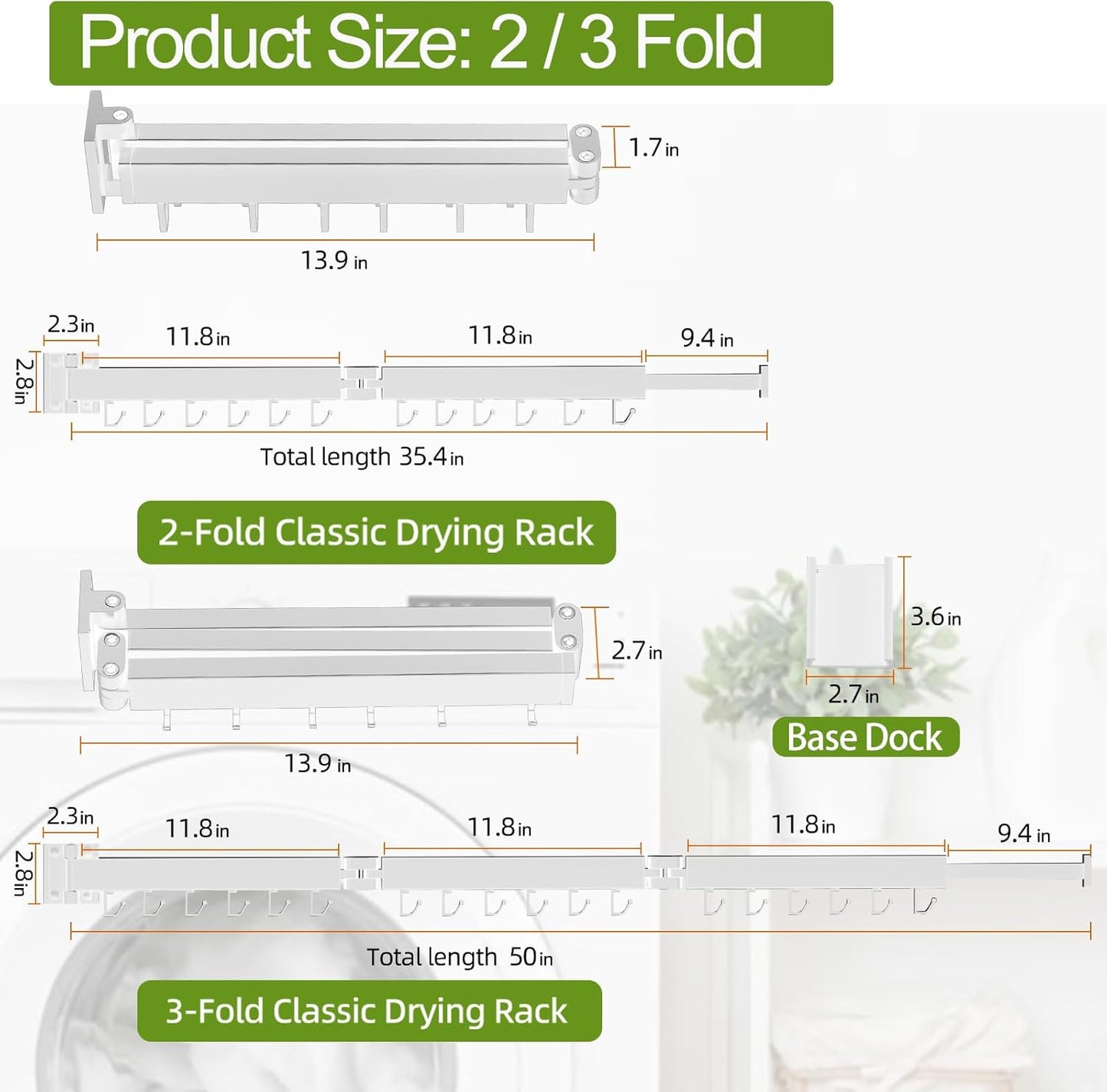 Clothes Drying Rack, Laundry Drying Rack Wall Mount, 3-Fold Wall Mounted Clothes Drying Racks for Hanging Clothes, Foldable & Sturdy Space Saver for Laundry Room -White