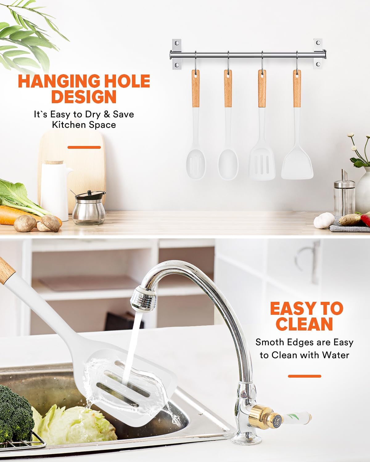 Silicone Cooking Utensils Set, Perfectly Angled for Frying, Mixing,Serving,Draining,Turning and Stirring, BPA-Free Matte Silicone, Wood Handles, Safe for Nonstick Cooking Surfaces,4 Pack (White)