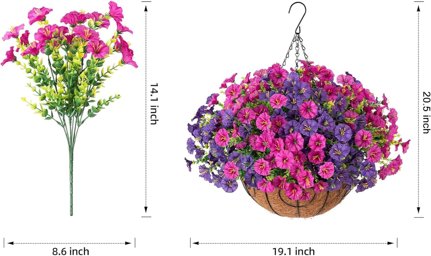 Artificial Faux Hanging Flowers Plants Basket for Spring Summer Outdoors Decoration, Silk Morning Glory with Eucalyptus Look Real UV Resistant Fake Flowers for Outside Porch Patio Balcony Home, Mix