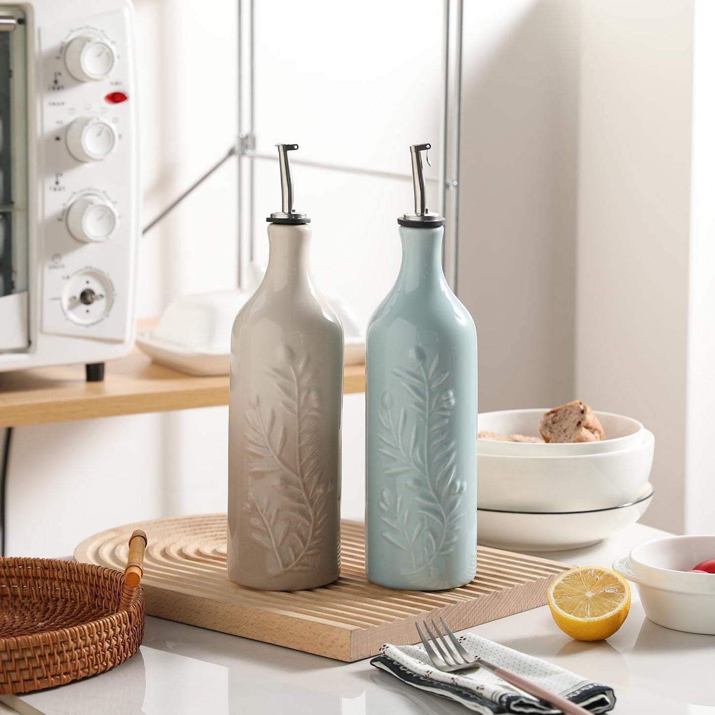 Sweejar Large Olive Oil Dispenser Bottle with Spout, 24 Oz Ceramic Oil Dispenser for Kitchen, Relief Opaque Cruet, Container for Cooking, EVOO, Vinegar, Pack of 1 (GradientFogGray)