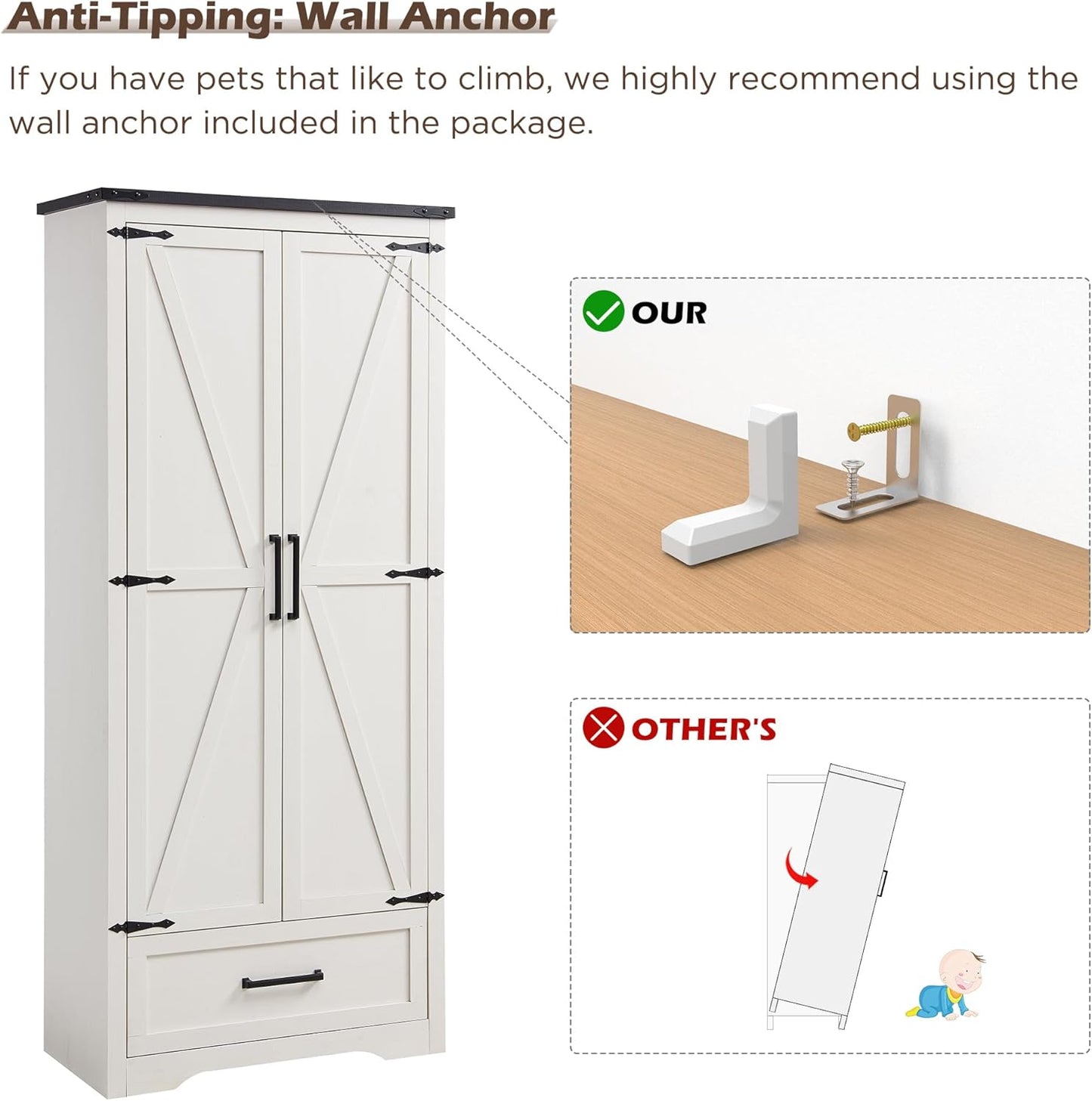 72" Tall Wood Storage Cabinet, Farmhouse Kitchen Pantry Cabinet with Adjustable Shelves & Drawer & Barn Doors, Versatile Storage for Kitchen, Dining Room, Bathroom, Antique White