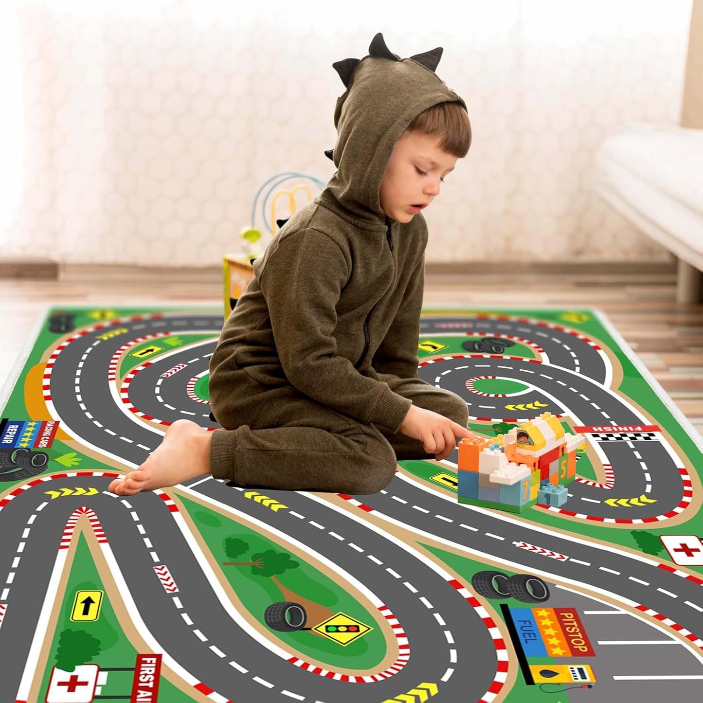 Kids Rug Race Track Play mat Playroom Rug Car Rugs for Kids Toy Cars Road Rugs for Kid Classroom (Race-Green, 2.6x3.9ft)