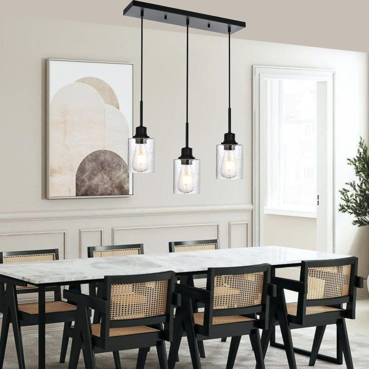 Modern 3-Light Pendant Island Light Fixture Black Ceiling Hanging Lights with Clear Seeded Glass and Adjustable Cord,Industrial Pendant Lighting for Kitchen Living Room Dining Room Foyer