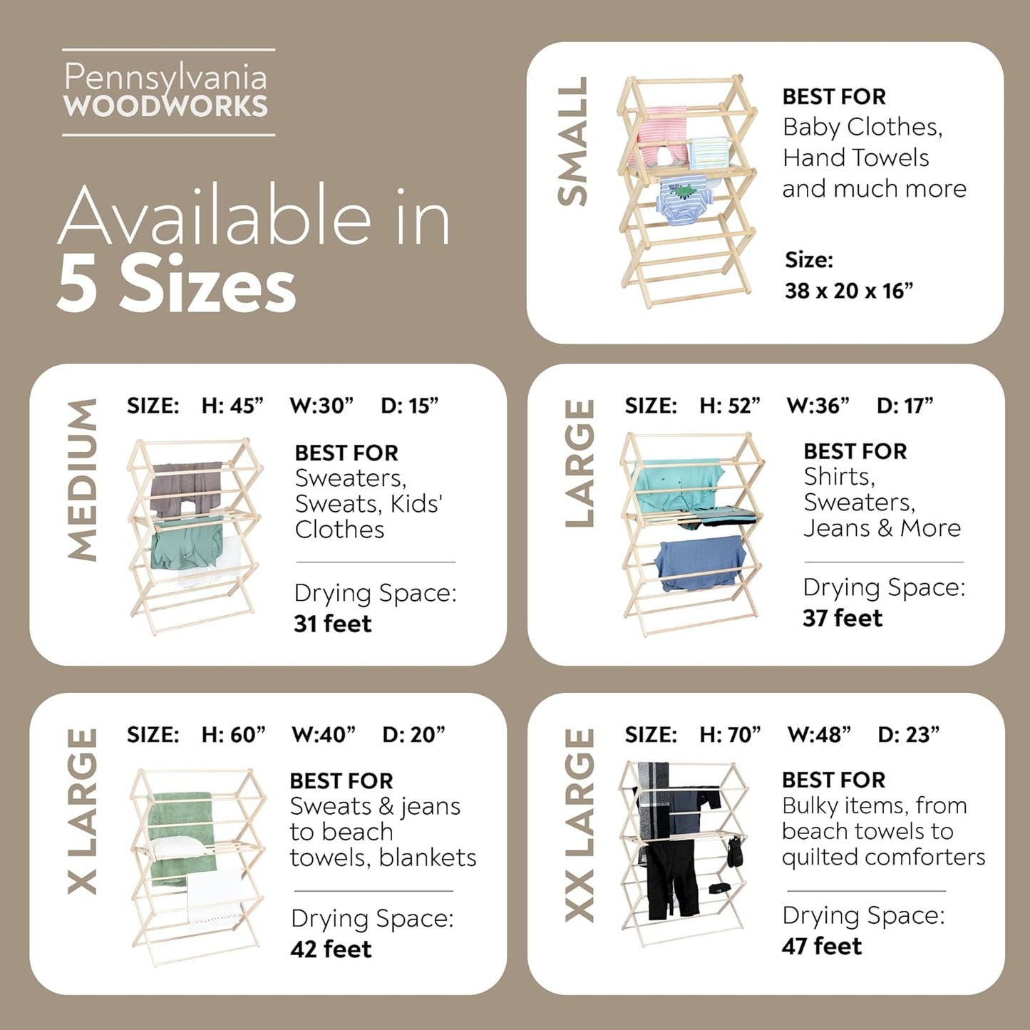 Pennsylvania Woodworks Clothes Drying Rack: Solid Maple Hard Wood Laundry Rack for Blankets, Towels, Bedding & More, Heavy Duty Folding Drying Rack, Made in USA, No Assembly Needed, XXLarge