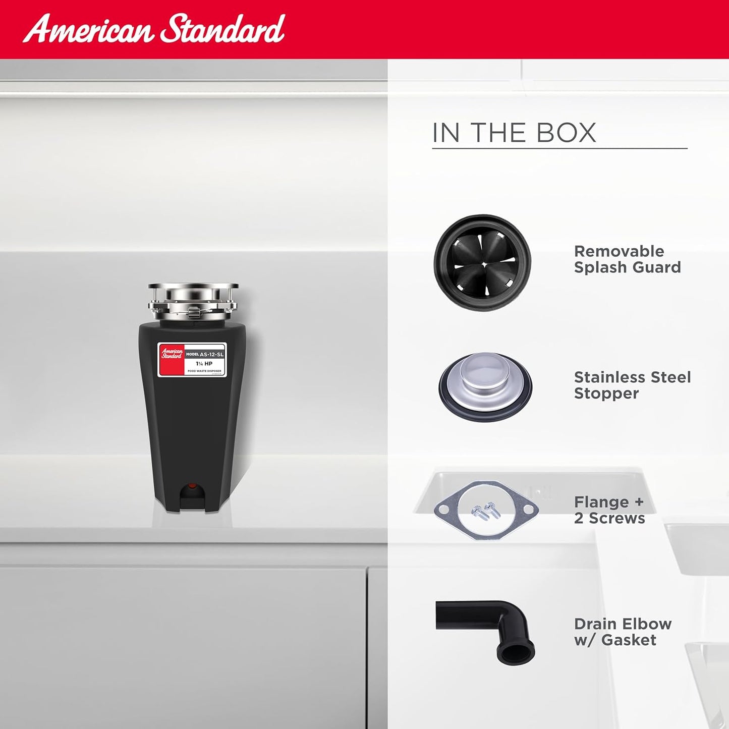 American Standard 10-US-AS-12-SL Garbage Disposal Anti-Jam Stainless Steel Food Waste Grinding System, Slim Line, 1.25 HP, Black