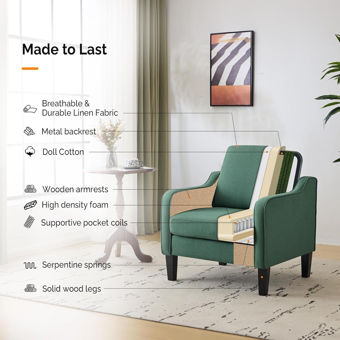 VINGLI Accent Chair for Living Room Chairs Dark Green Reading Chair for Bedroom Scooped Arm Chair Mid Century Modern Accent Chairs Upholstered Comfy Chair for Apartment, Waiting Room