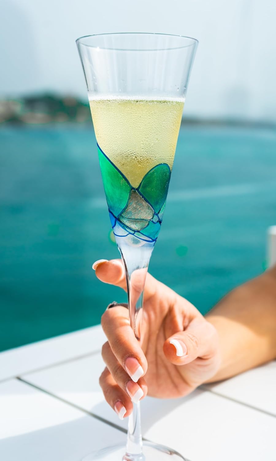 Victoria Barcelona Champagne Flute Set of 2 – 7.5 oz Mouth-Blown Turquoise Sea Glass | Hand-Painted, Gaudí & Murano Inspired | Artistic Unique Gift Ideas for Her or Him