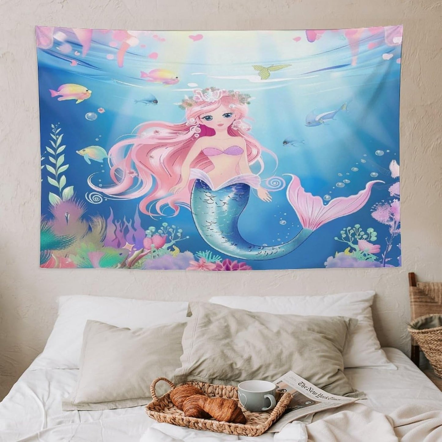 HZOHNAGO Mermaid Girls Tapestry Watercolor Mermaid Princess Pattern Printed Wall Tapestry Wall Hanging for Bedroom Living Room Dorm 60" W x 40" H