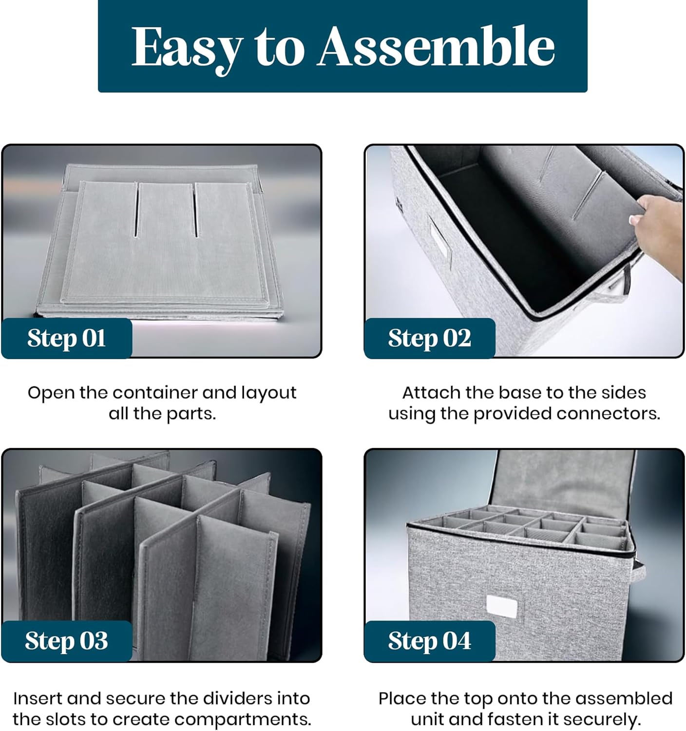 Wine Glass Storage, Holds 12 Stemware Glasses, Stackable, Fully-Padded Inside with Hard Top and Sides (Grey)