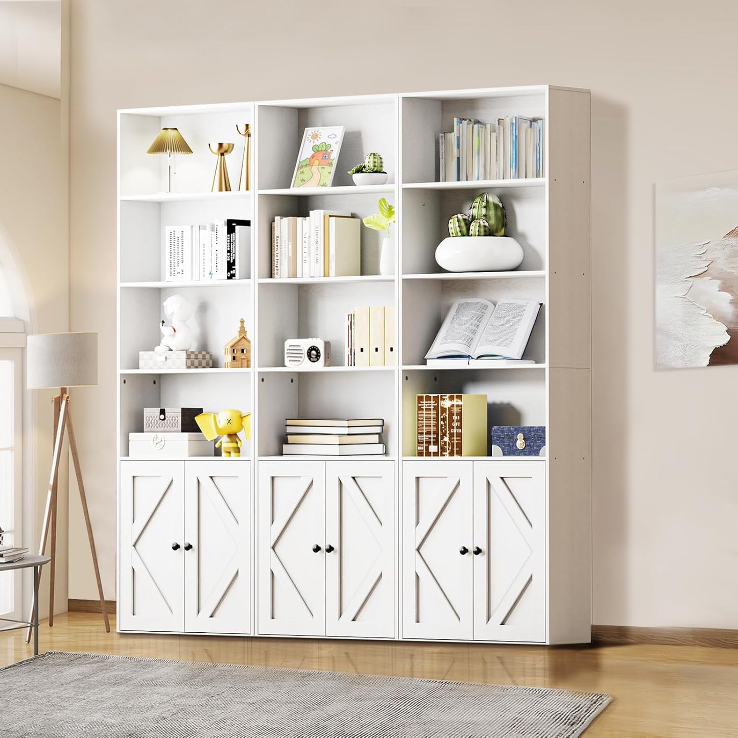 Tall White Bookcase with Doors – Wooden Bookshelf with Storage Cabinet & Shelves for Living Room, Bedroom, or Office
