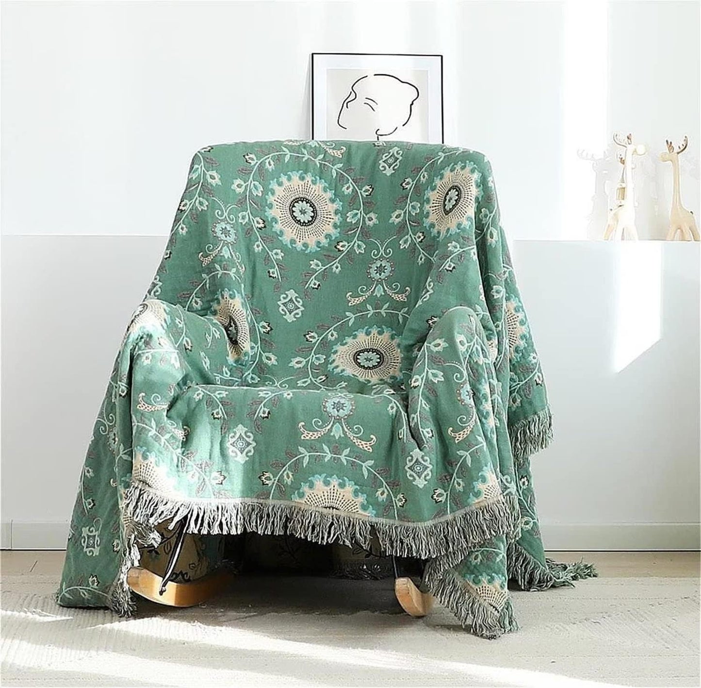 MSGKV Boho Throw Blanket for Couch Bed 100% Cotton Blankets Woven Green Blanket,Versatile Double Sided, Super Soft Warm Blanket 60''x 80''