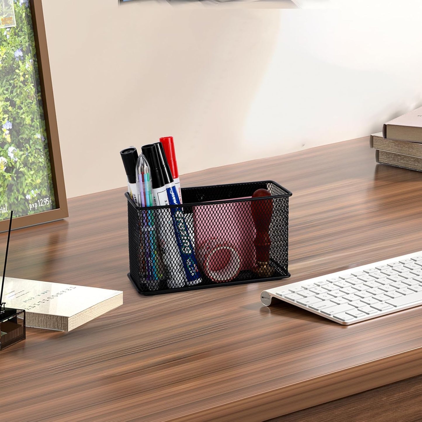 Wire Mesh Storage Baskets Organizer Set of 2 Black Magnetic Basket with 5 Strong Magnets Magnetic Organizer Holder for Refrigerator Locker Whiteboard Office, 6.29'' × 2.28'' × 3.54''