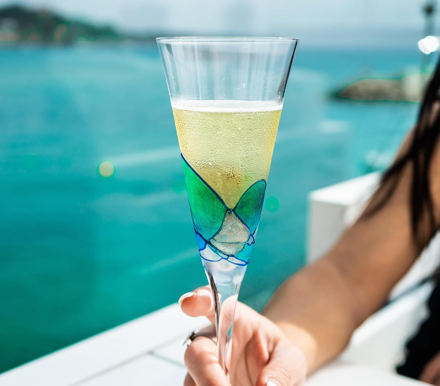 Victoria Barcelona Champagne Flute Set of 4 – 7.5 oz Mouth-Blown Turquoise Sea Glass | Hand-Painted Gaudí & Murano Inspired | Artistic Unique Gift Ideas for Her or Him