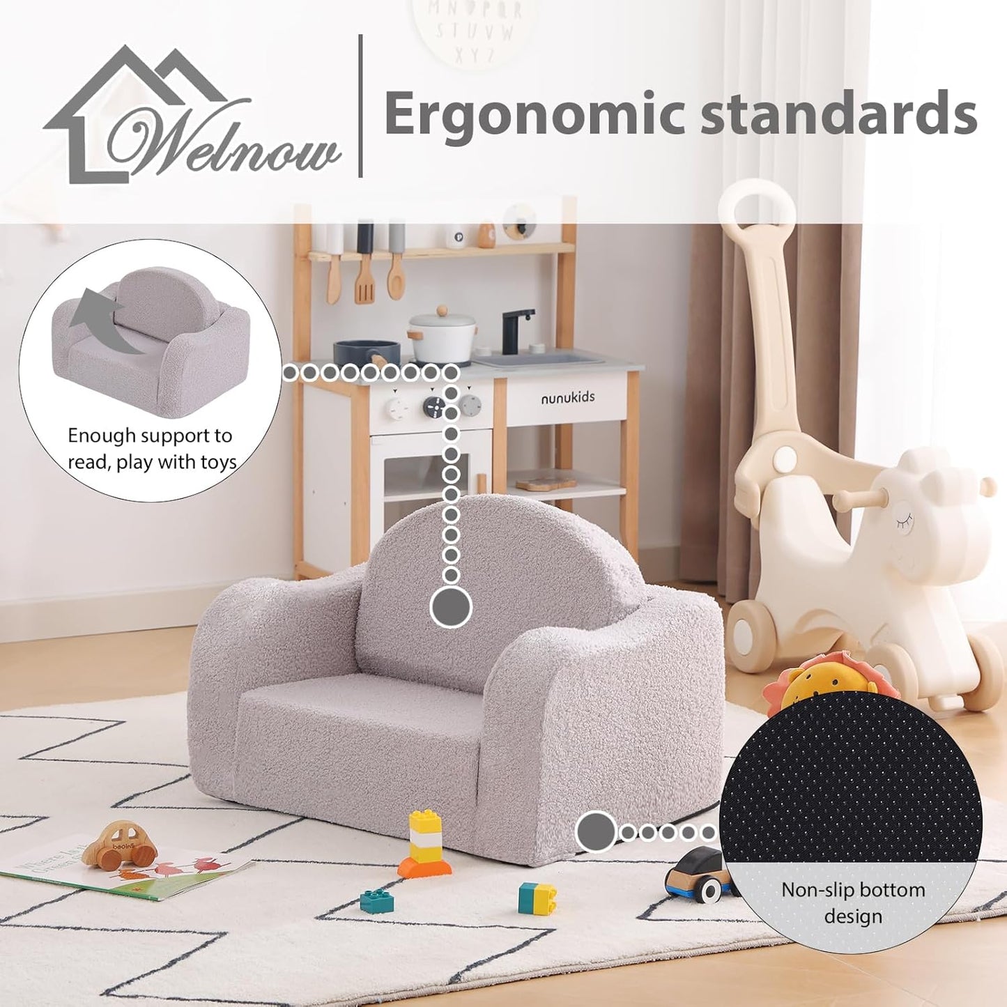 Welnow 2-in-1 Kids Sofa Chair, Convertible Toddler Chair Flip Out Children Sofa Chair with Wave Armrests Folding Kids Play Sofa with Side Pockets & Removable Cover Armchair for Girl or Boy