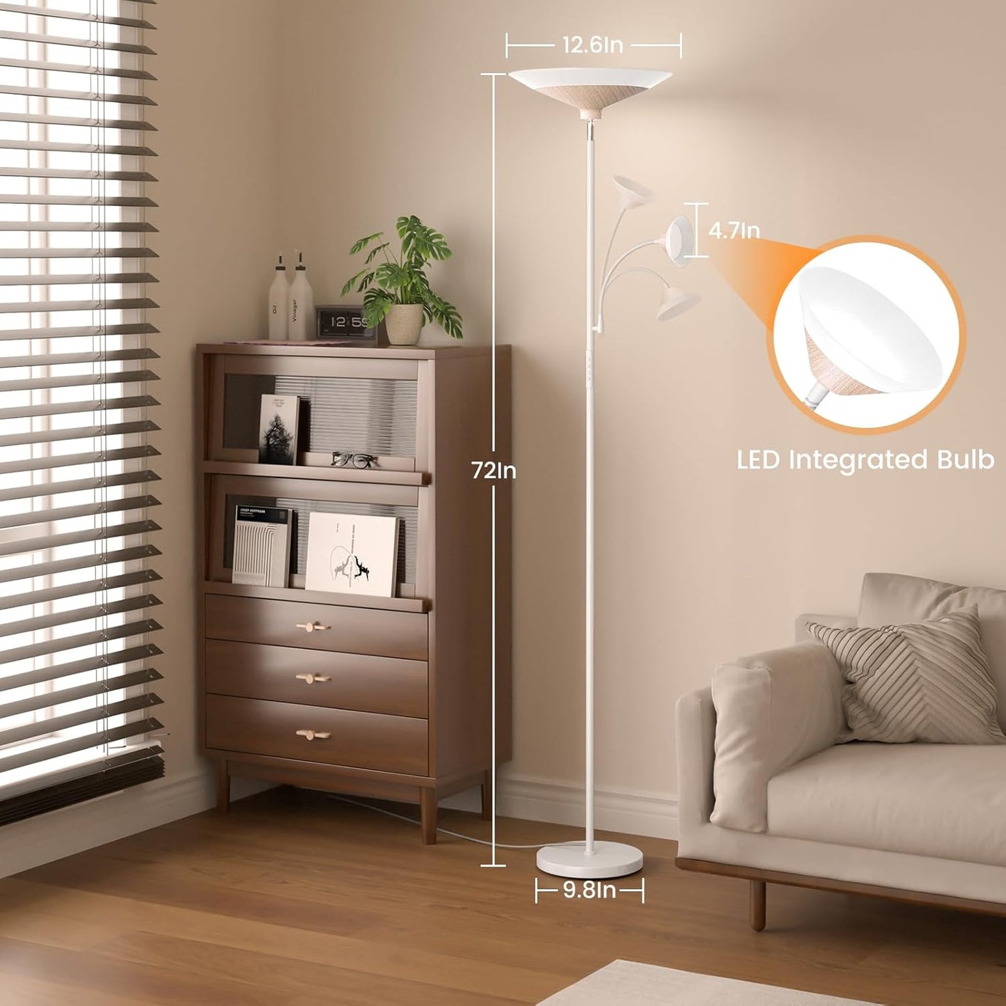 Torchiere Floor Lamp with Wood Grain Shade, 72" Dimmable LED Standing Lamp with Remote, 2-in-1 Floor Reading Lamp with Color Changing, 34W White Corner Lamp for Living Room Bedroom Office