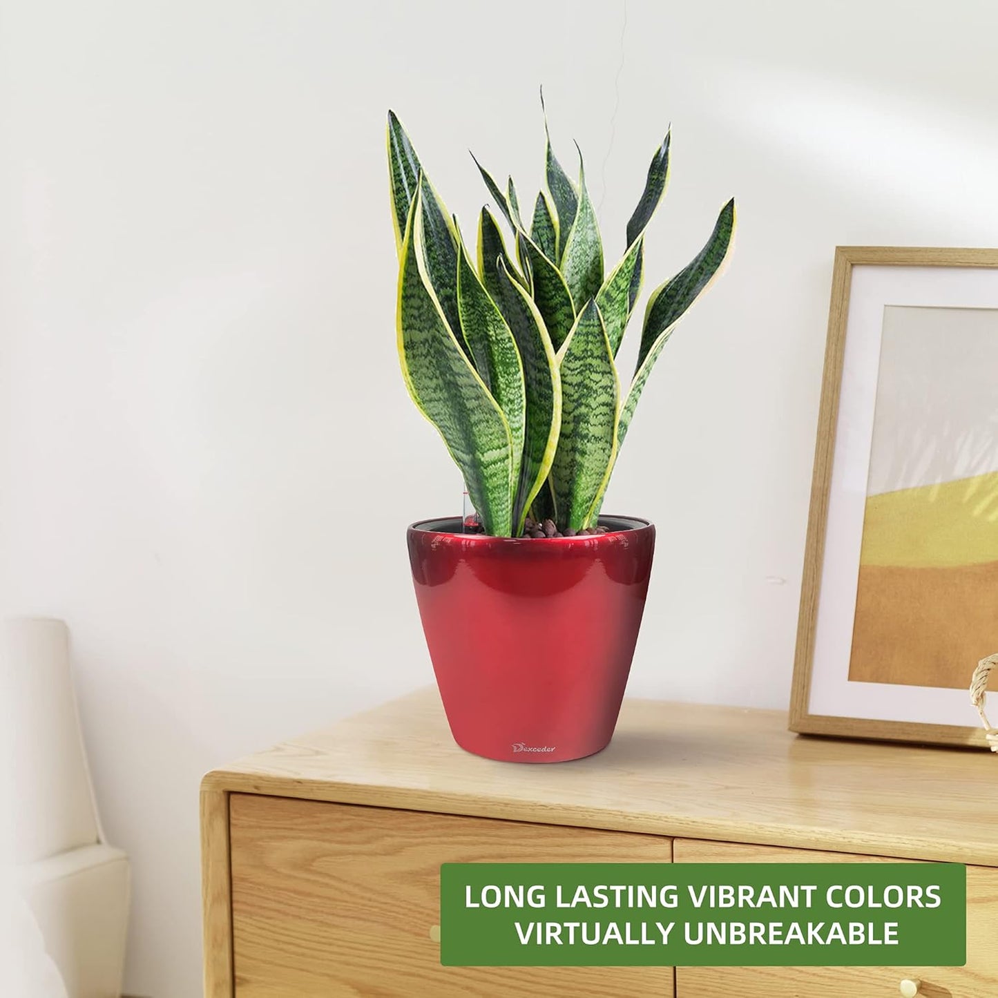 Dexceder 9x8 Inches High Gloss Self Watering Planter Indoor Outdoor, Inner Pot Design, Thickened Table Flower Plant Pot with Water Level Indicator (Red)