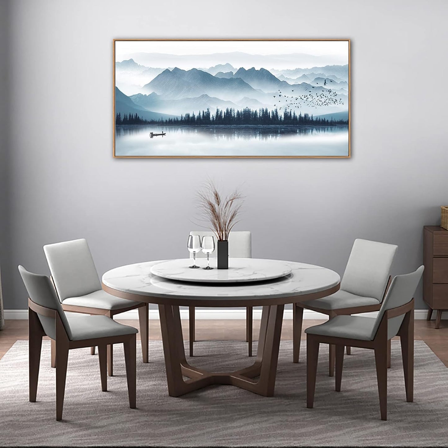 Indigo Framed Canvas Wall Art Misty Mountain Wall Pictures Foggy Lake Boat Canvas Painting Prints Forest Birds Canvas Wall Decor for Living Room Bedroom Decorations Natural Framed 24" x 48"