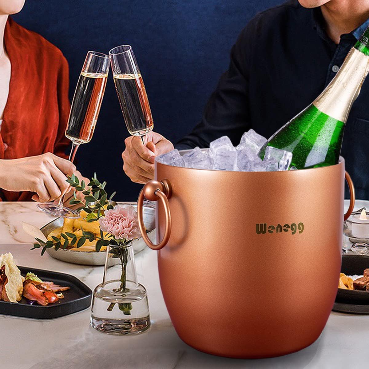 Ice Bucket with Lid, Scoop, Tongs and Strainer - Well Made Insulated Stainless Steel Keep Ice Frozen Longer - Ideal for Cocktail Bar, Parties, Chilling Wine, Champagne - 3 Liter (Copper)