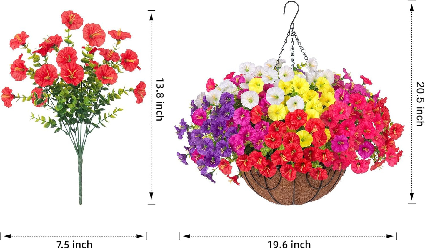 Artificial Faux Hanging Flowers Plants Basket for Outdoors, Silk Morning Glory with Eucalyptus in Planter Look Real UV Resistant Fake Flowers for Porch Outside Patio Balcony Yard Indoor Summer Decor