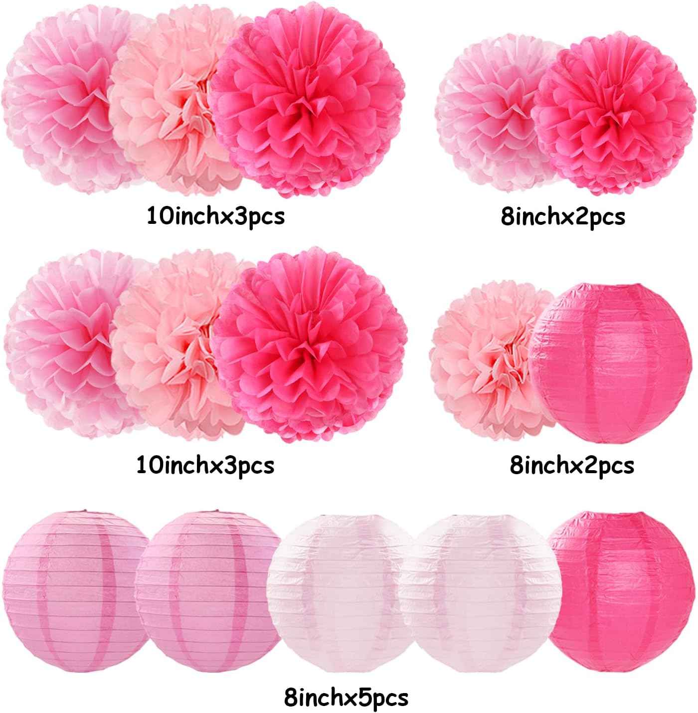 Light-Hot Pink Party-Decorations Paper-Flowers Lanterns - 15pcs Graduation Girl Birthday Decor Tissue Pom Poms Streamers, Bridal Baby Shower Wedding Bachelorette Valentine Hanging Supplies Hugfond