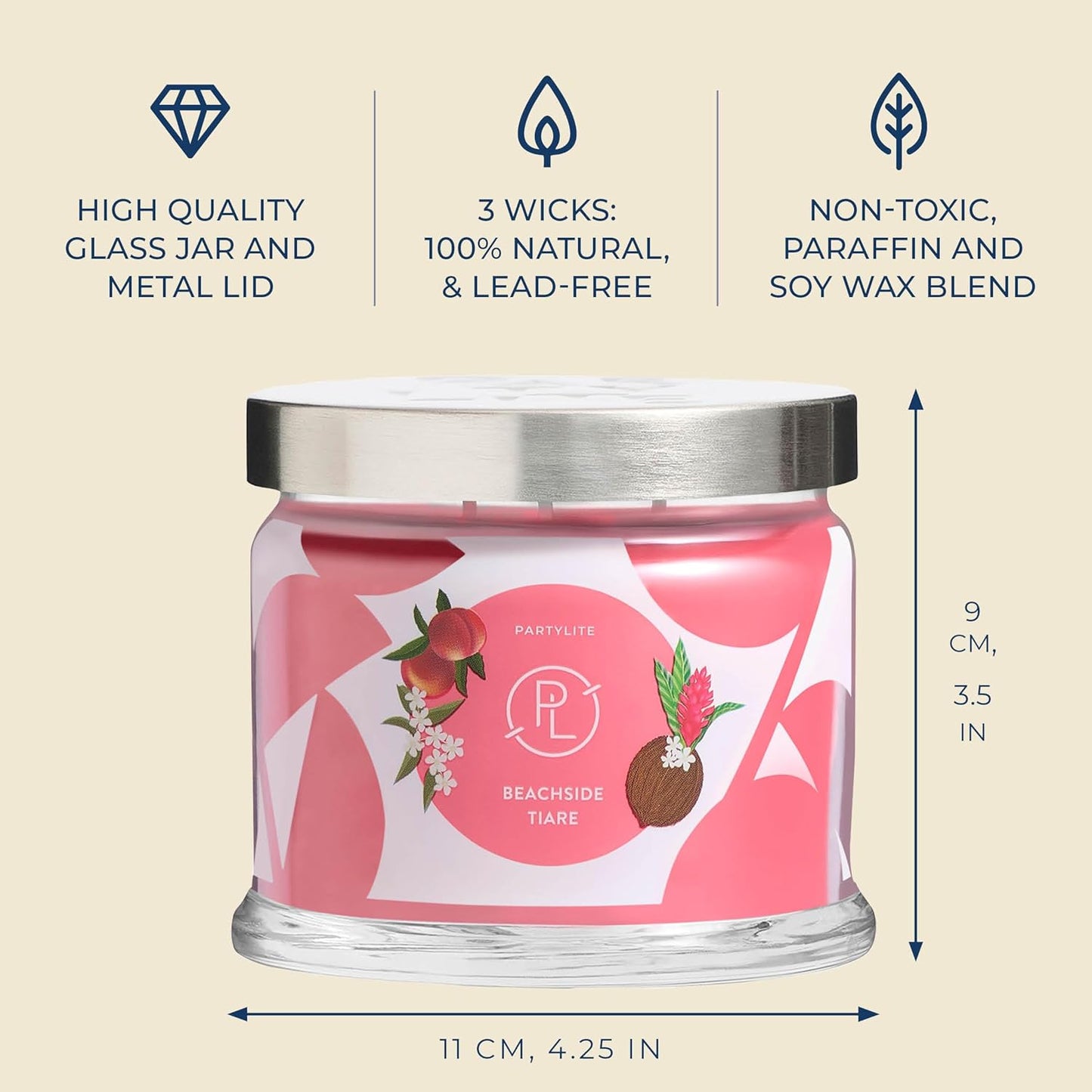 PartyLite Beachside Tiare Scented, Notes of Gardenia, Coconut, Red Hibiscus, Peach & Ylang Ylang, 13.2oz 3-Wick Jar Candle, 45 Hour Burn Time, Luxurious Fragrance, Ideal for Gifting