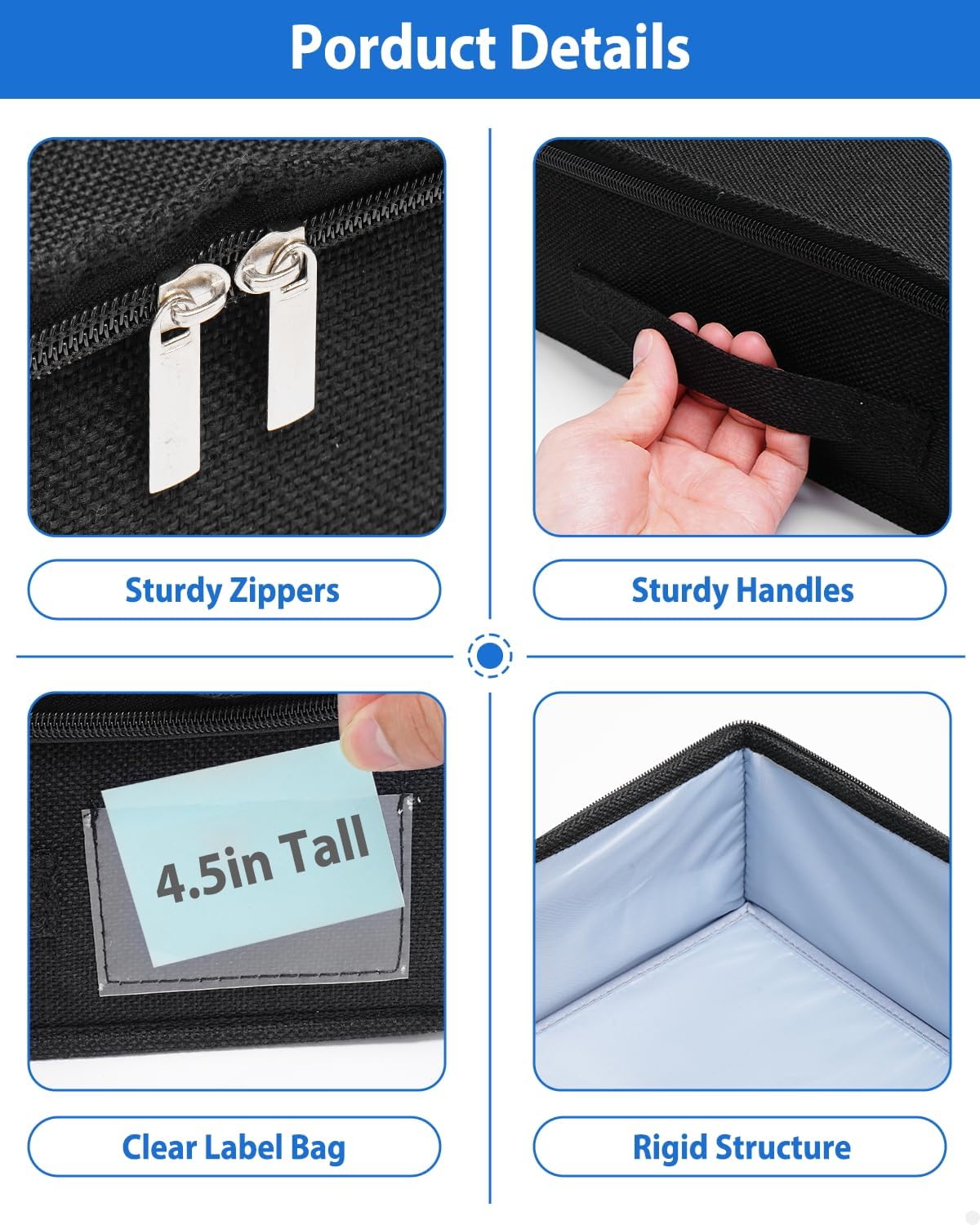 Under Bed Storage Containers, Low Profile Underbed Zipper Storage Bin 4.5 Inches Tall, Shallow Under Bed Storage with Sturdy Side & Bottom Support, Linen Storage with Lid for Sofa and Dorm, 4Pcs Black