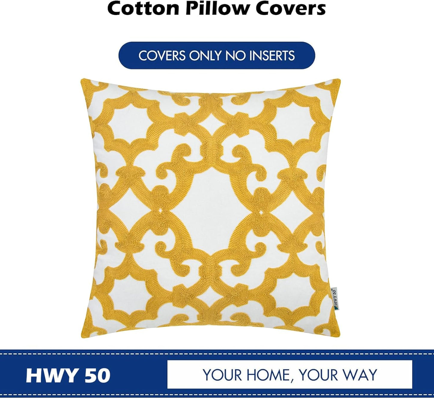 HWY 50 Mustard Yellow Decorative Throw Pillow Covers 18x18 Inch (1 Piece), Embroidered Cotton Farmhouse Cushion Cover Pillow Case for Sofa Couch Living Room Bed, Geometric