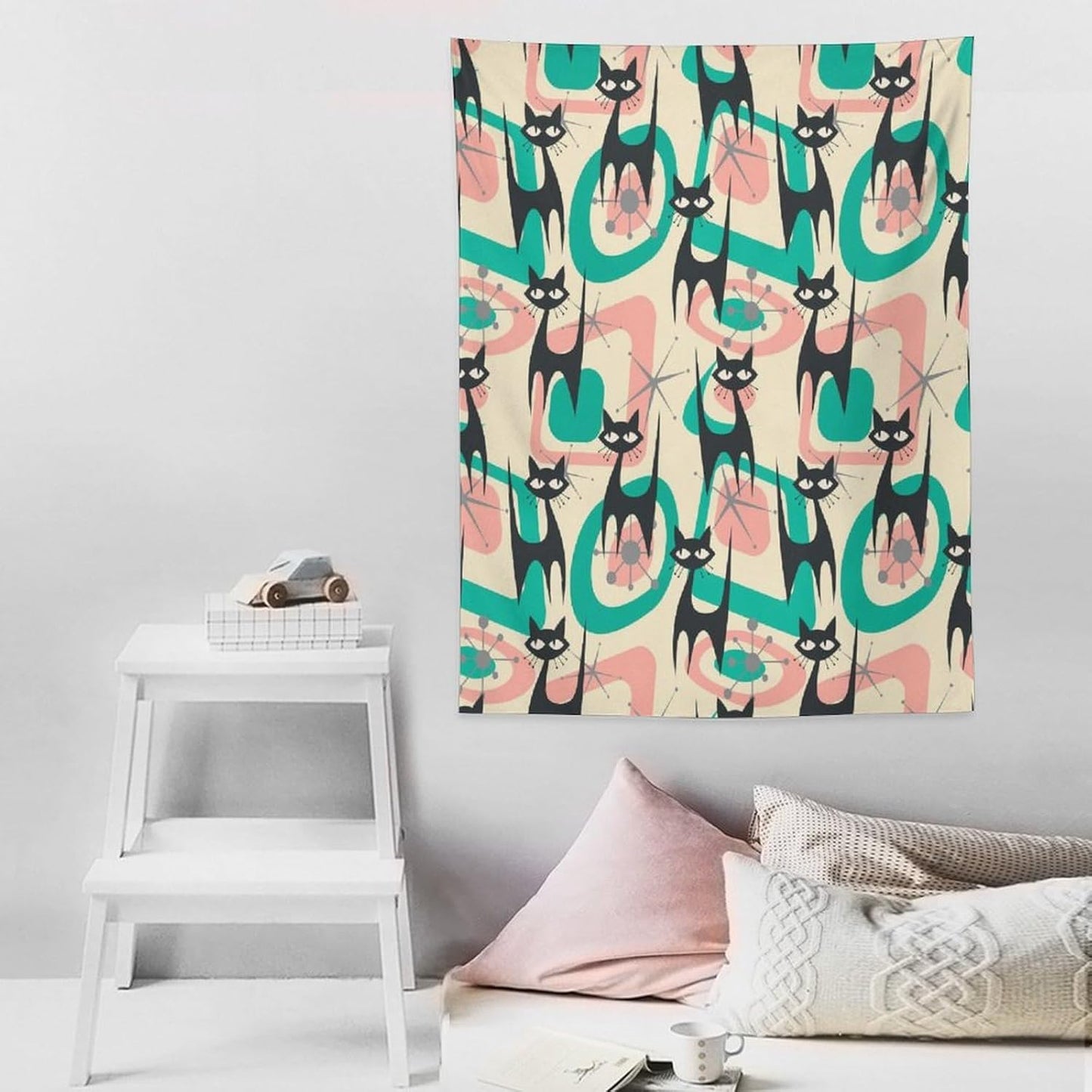 ICMOLYYENLO Boho Medieval Cat Tapestry, Abstract Atomic Starburst Geometric Aesthetic Art Wall Hanging For Bedroom Living Room Dormitory 60x60 Inches