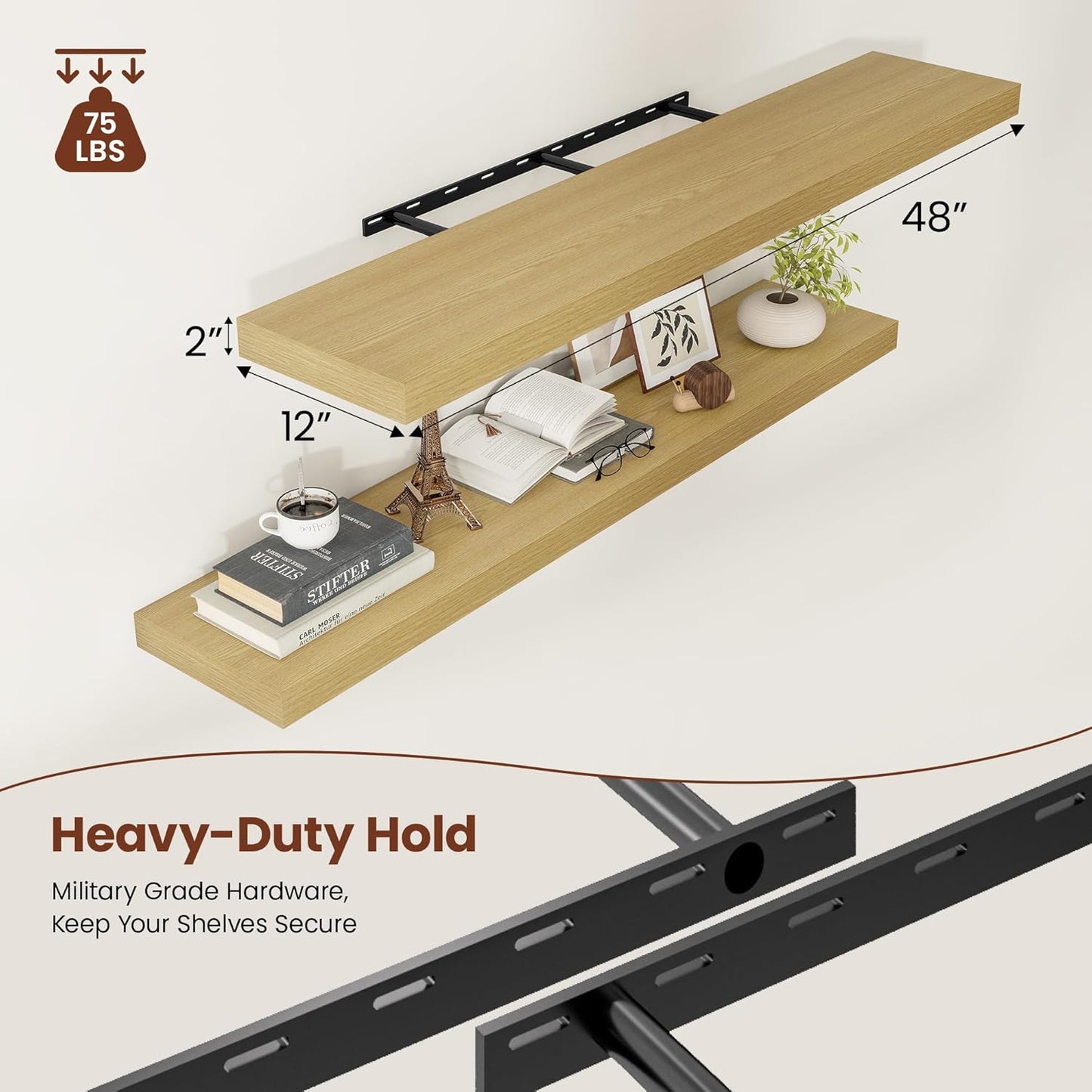 12 Inch Deep Floating Shelves 48 inch Long, 48 x 12 Wide Wall Shelves with Invisible Brackets, Heavy Duty Shelf for Bedroom Bathroom Living Room Kitchen Office Home Decor, Modern Shelf Set of 2, Oak