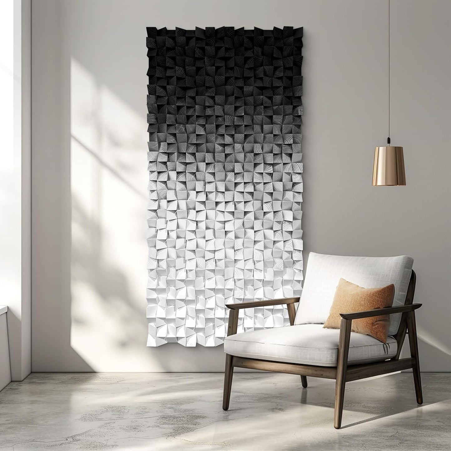 LIUZEYUE - Wooden Block Stereoscopic Painting Geometric Modeling Wall Decoration 3D Wooden Artwork Living Room Bedroom Background Wall Office Decoration Black and White Gradient 31.5 x 63 inches