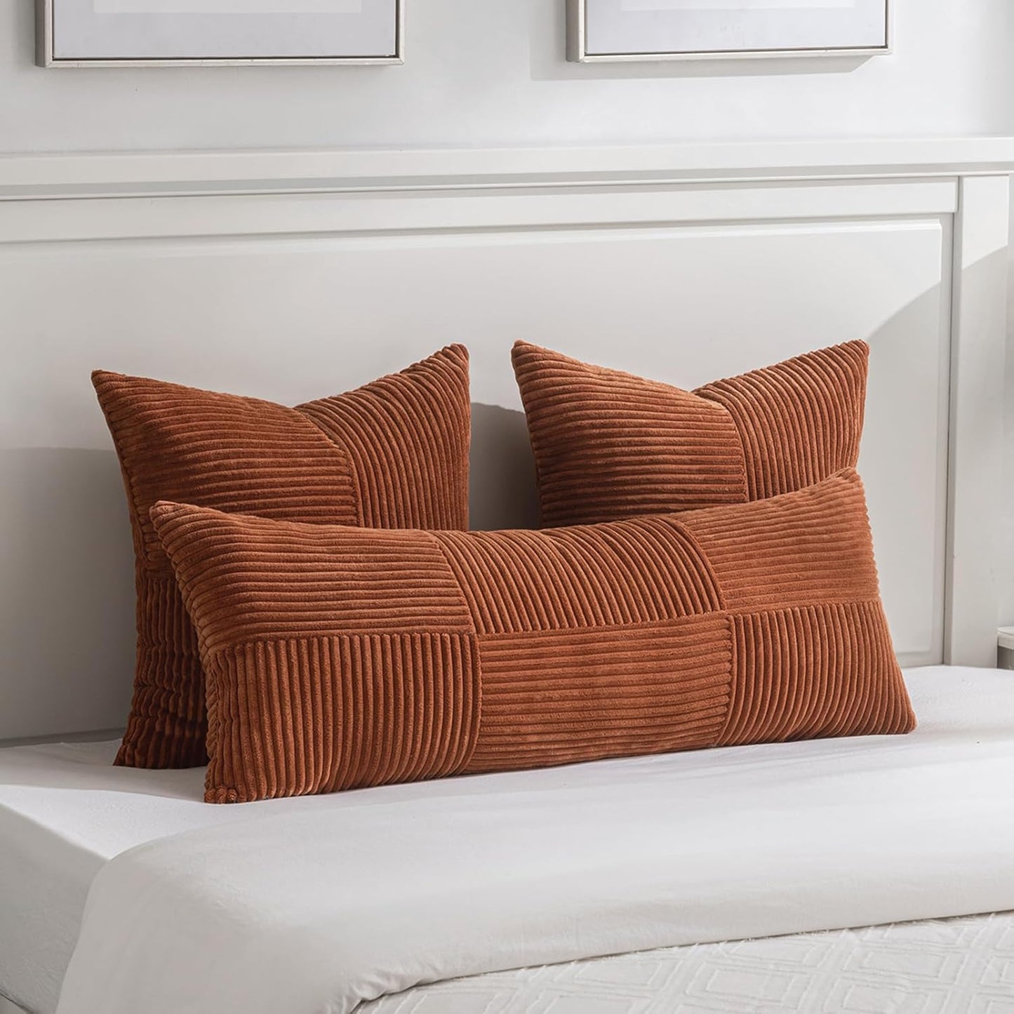 Fancy Homi 2 Packs Rust Euro Decorative Throw Pillow Covers 28x28 Inch for Bedroom Bed, Farmhouse Boho Home Decor, Soft Corss Corduroy Patchwork Textured Square Terracotta Cushion Case 71x71 cm