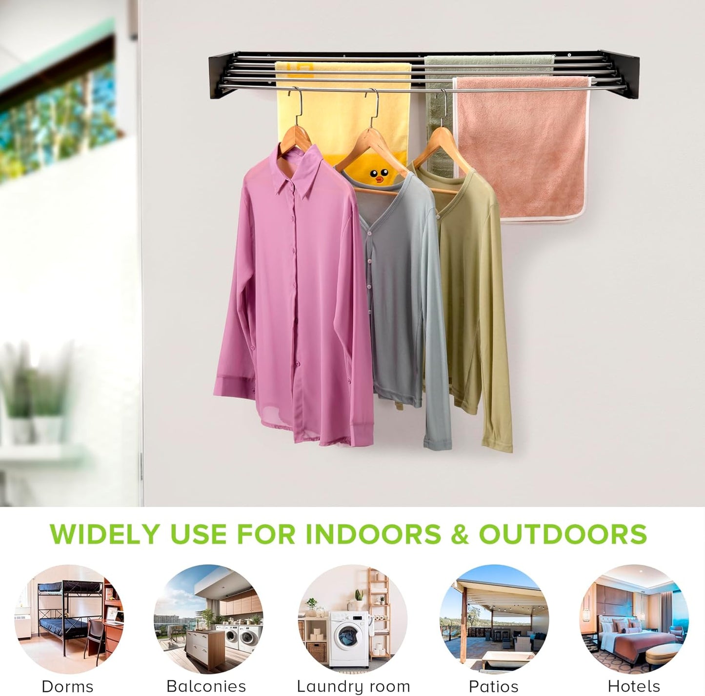 Wall Mounted Laundry Drying Rack, Retractable Clothes Drying Rack for Bathroom with Wall Template, 5 Stainless Rods Heaving 60 lb Capacity (Black, 40")