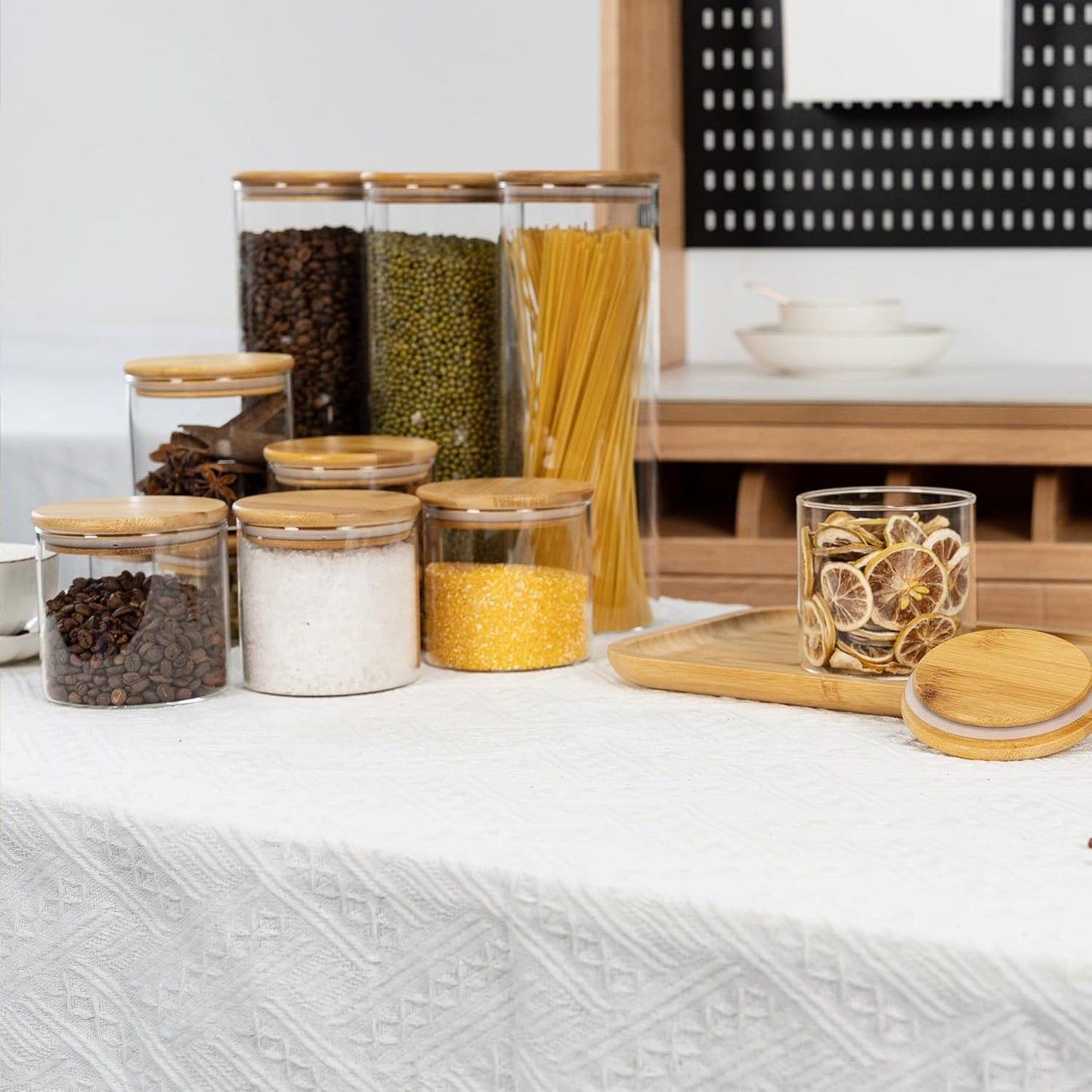 70oz Straight cylindrical Airtight Storage Jars with Bamboo Lid Set of 3 Storage Container Glass Jars, Kitchen Canister for Noodles, Pasta and Coffee beans (with Black Lable)