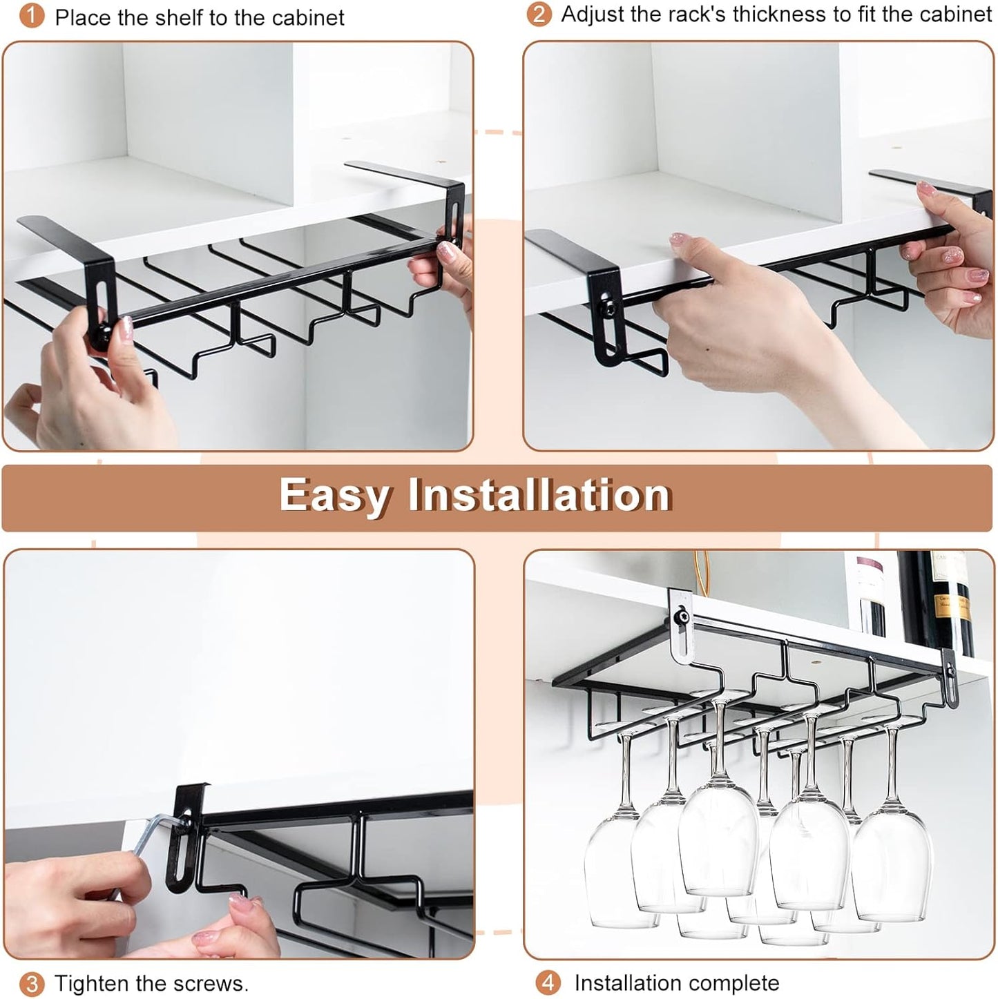 AUHOKY 2Pcs Adjustable Wine Glass Rack Under Cabinet, Punch-Free 3 Rows Stemware Metal Holder, Hanging Glass Storage Hanger Organizer for Shelf Kitchen Bar Decor (3 Rows, Black)