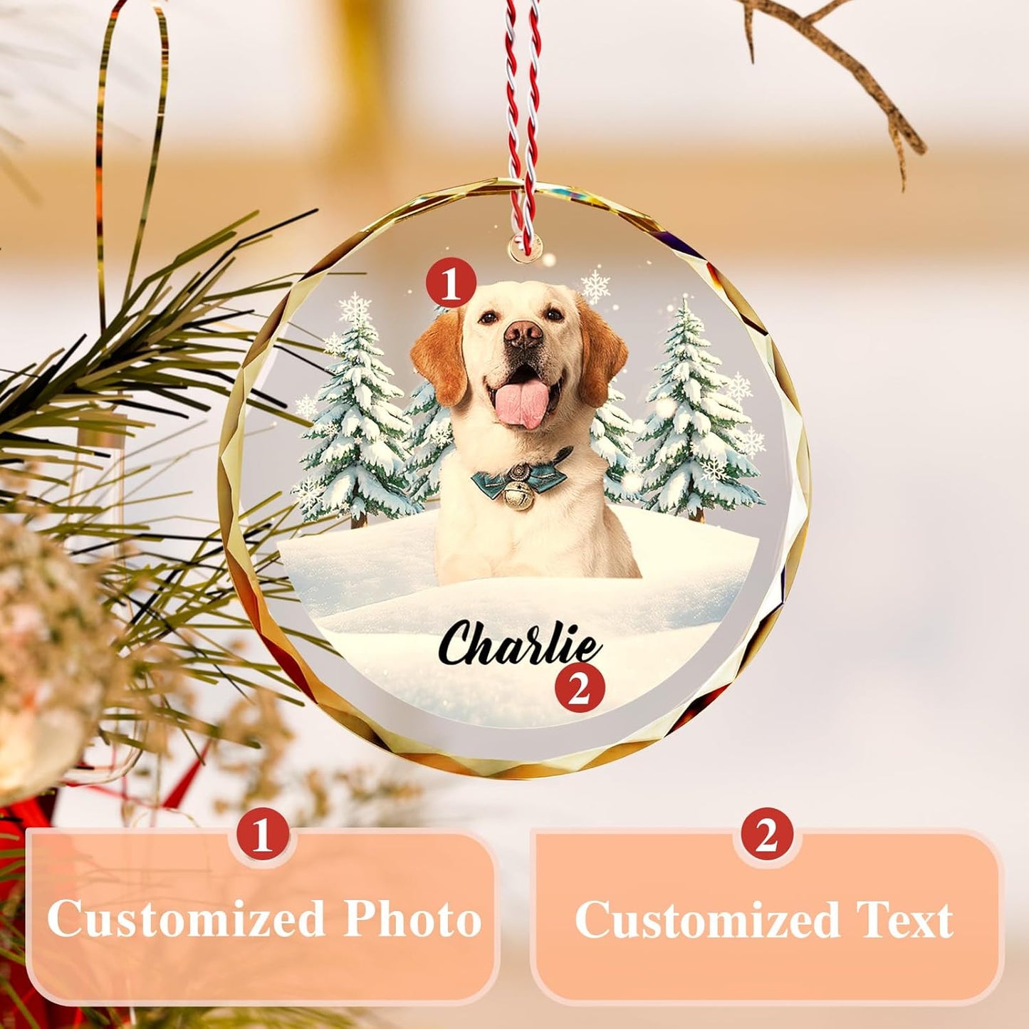 Custom Pet Christmas Ornament with Photo β Personalized Crystal Dog Cat Memorial Gift β Snow Scene Holiday Decor