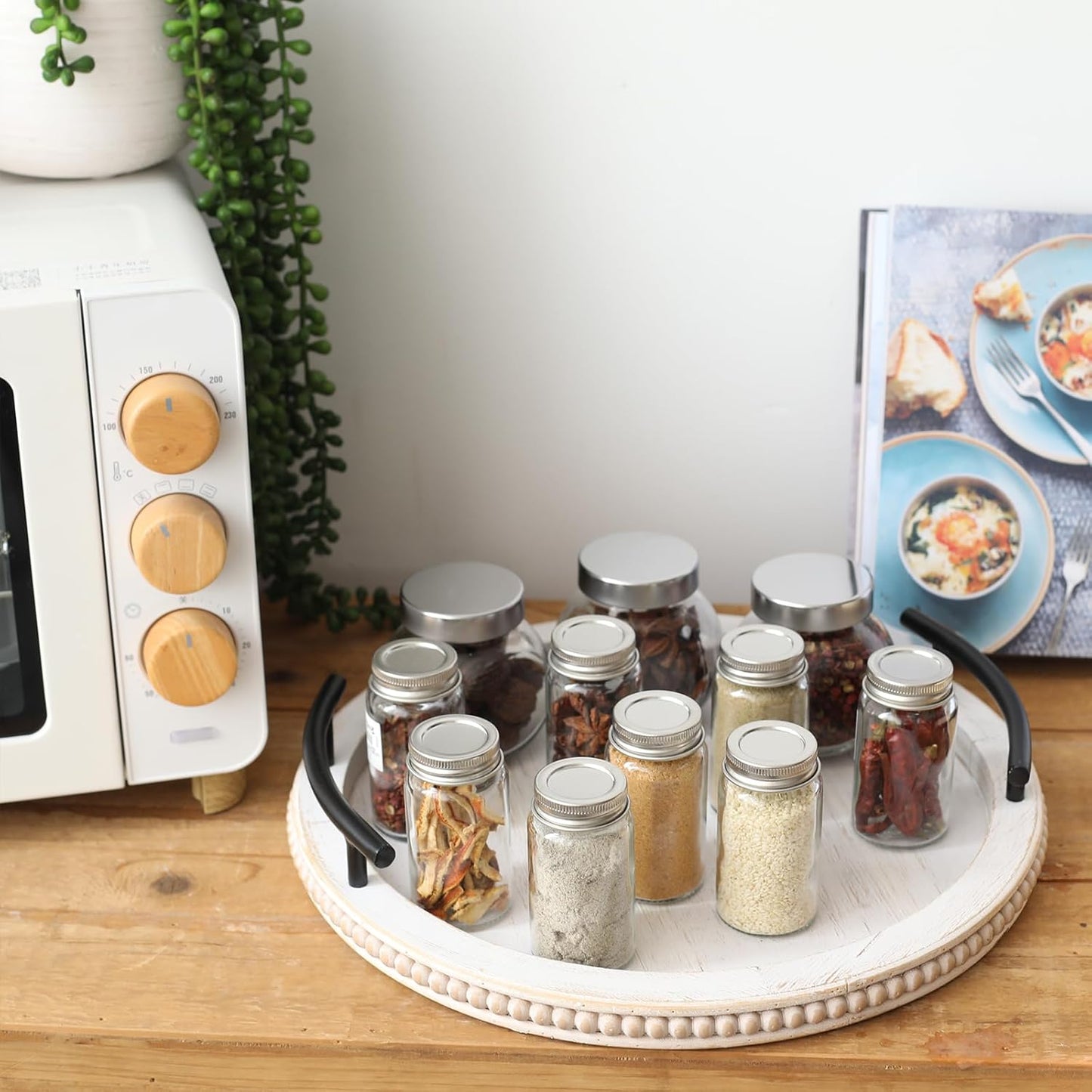 SwallowLiving White Wooden Beaded Serving Tray with Handle Decorative Rustic Whitewashed Tray for Coffee Table Farmhouse Round Tray for Kitchen, Living Room and Bedroom