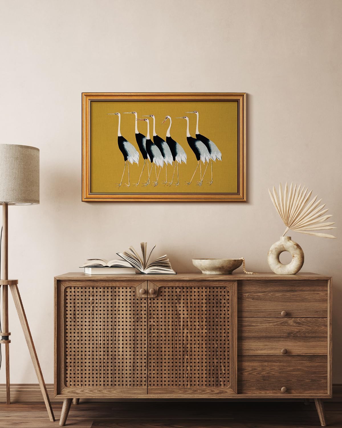 HUARCEY Gold Framed Vintage Wall Art for Living Room, Animals Painting Prints Shelf Decor for Kitchen, Aesthetic Bedroom Wall Art Decor, Christmas Gifts for Friends or Family (Seven Cranes 16"x24")