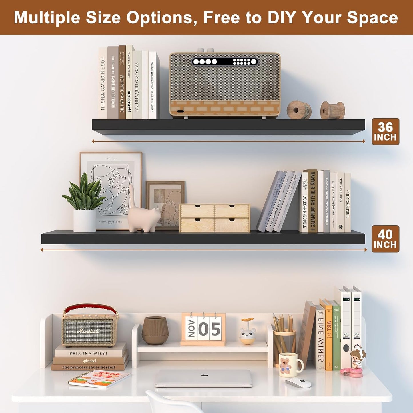 12 Inch Deep Floating Shelves for Wall 1 Pack Floating Shelves Large Storage Space Wall Mount Shelf for Living Room Kitchen Bathroom 36" W x 12" D x 1.2" H Black