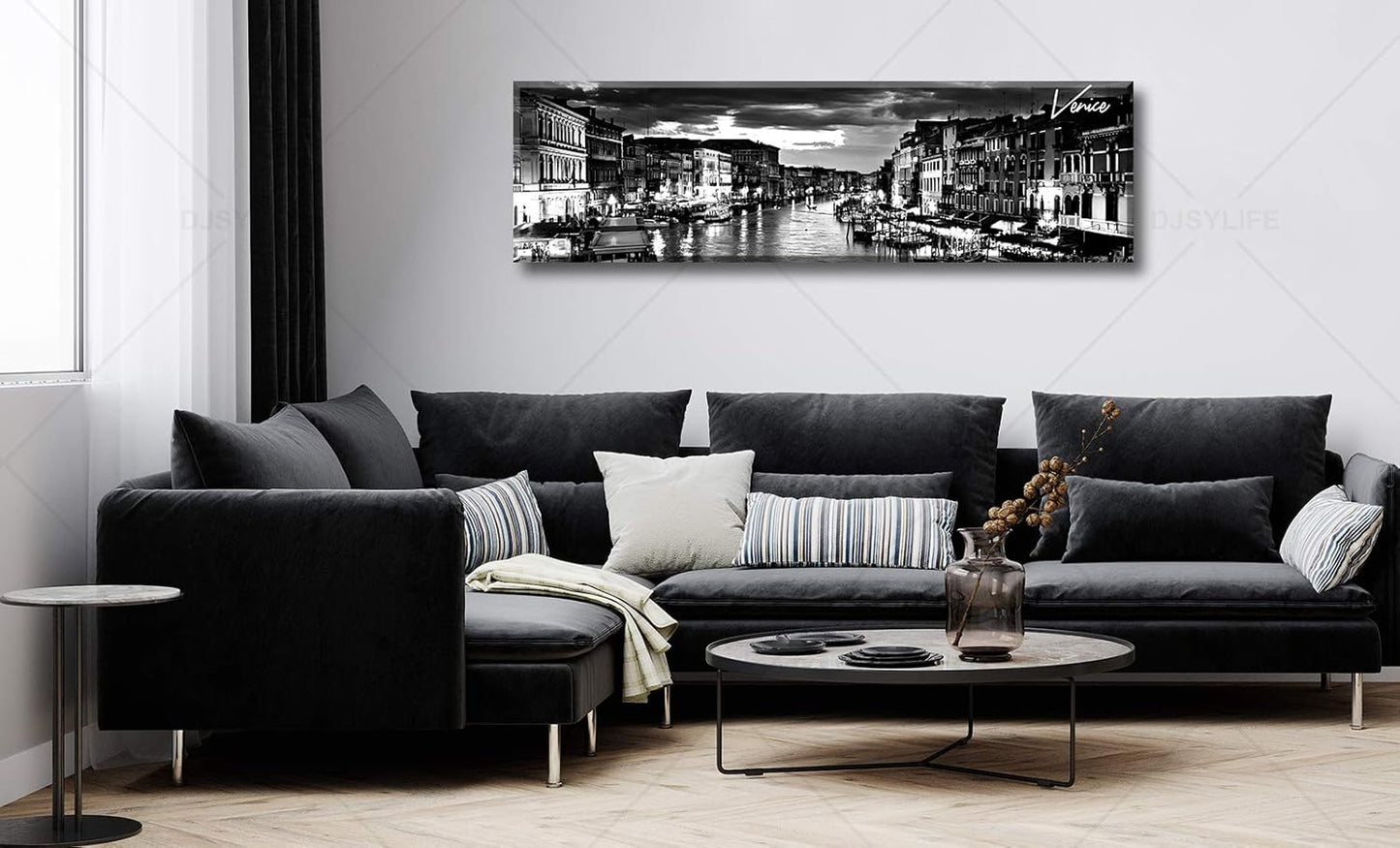 DJSYLIFE Venice Skyline Wall Art Black and White Italy Cityscape Canvas Print Painting Buildings Grand Canal Landscape Pictures Modern Artwork for Man Room Office Living Room Decoration 13.8"x47.3"