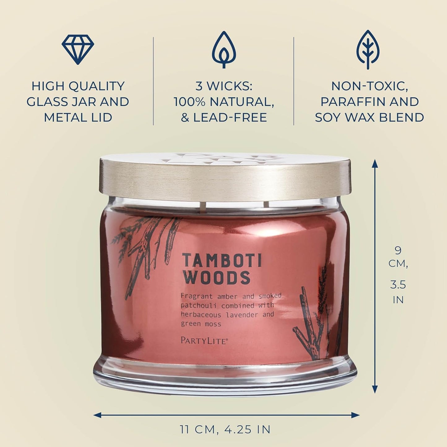 PartyLite Tamboti Woods Scented, Notes of Exotic Amber, Patchouli, Lavender & Green Moss, 13.2oz 3-Wick Jar Candle, 45 Hour Burn Time, Luxurious Fragrance, Perfect for Gifting