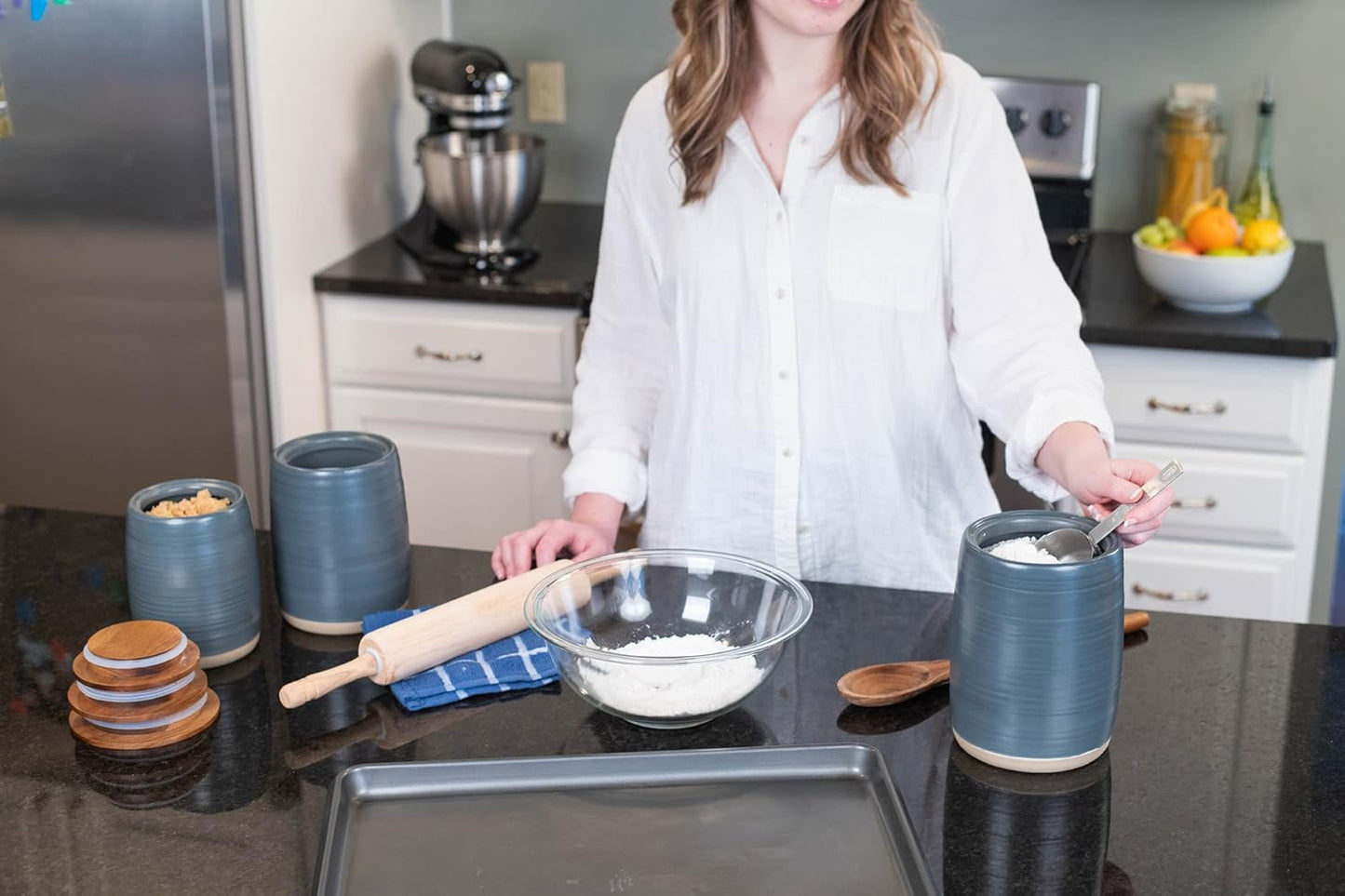 Nat & Jules Lidded Grey 6 inch Ceramic and Wood Kitchen Canisters Set of 3
