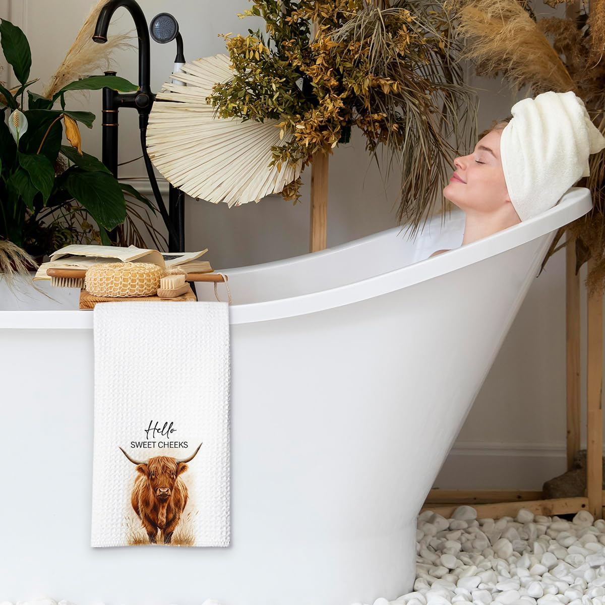 Highland Cow Farmhouse Hand Towels for Bathroom Kitchen Decor | Waffle Weave Microfiber Dish Towel Set | Hello Sweet Cheeks Farmhouse Cow Decorative - A01