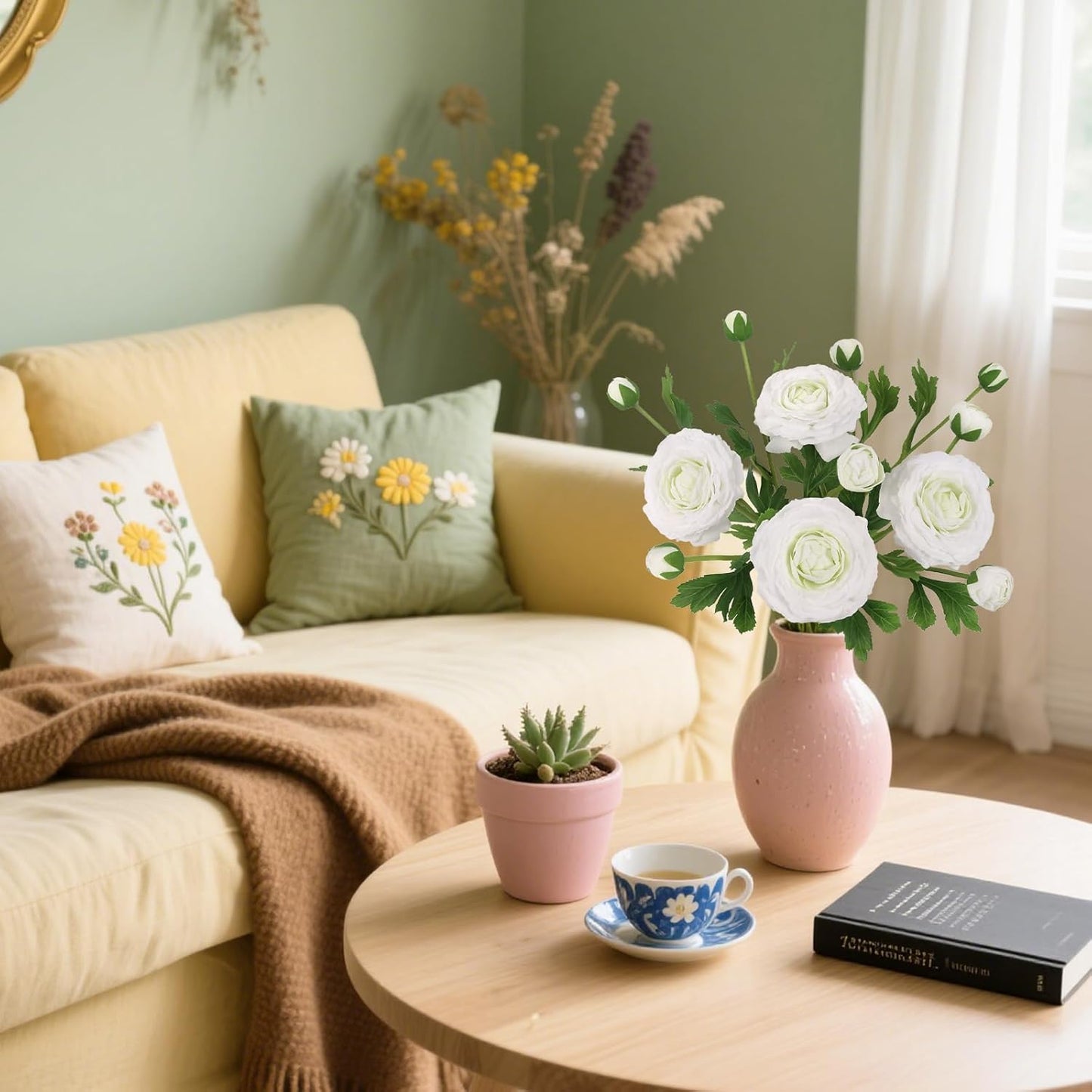 IPOPU 4PCS Real Touch White Ranunculus Artificial Flowers Faux Ranunculus Flowers for Vase Real Look Silk Peonies Fake Peony Flowers for Home Indoor Wedding Centerpieces for Table Decorations (White)