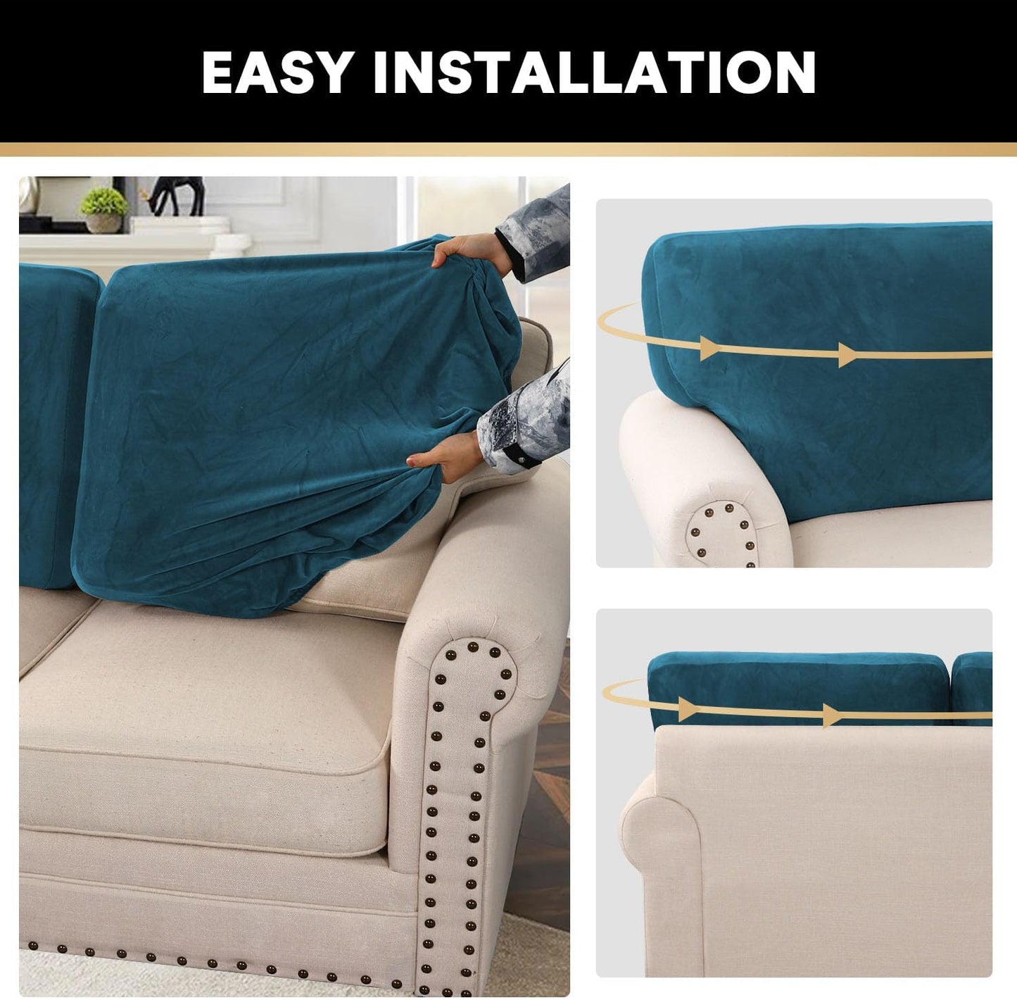 PrinceDeco Sectional Couch Covers Velvet Cushion Covers for Sectional Couch Cushion Covers for Sectional Sofa Separate Sectional Sofa Slipcovers Washable(1 Chaise Back+ 2 Sofa Back,Camel)