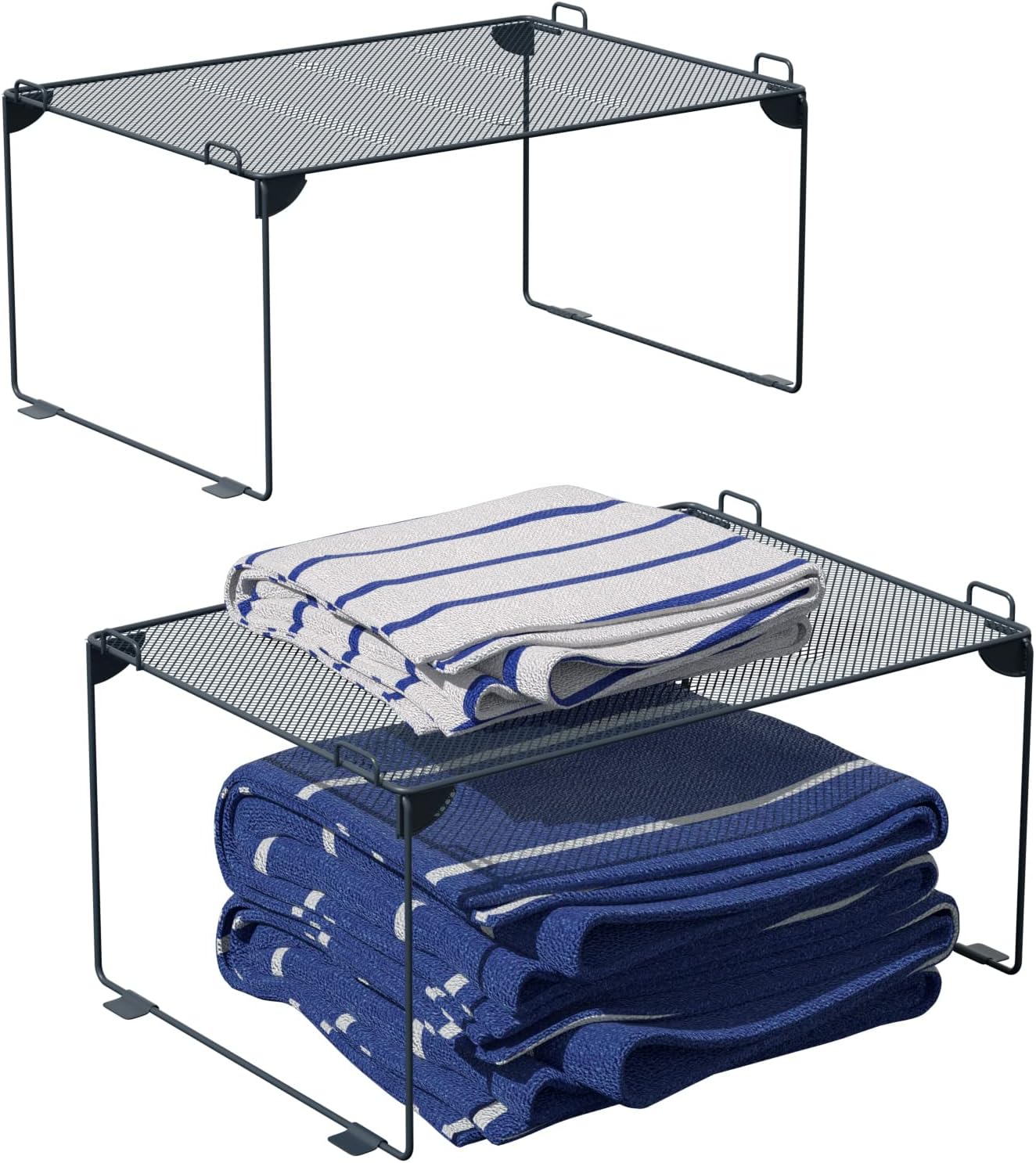 Neudeco Stackable Cabinet Shelf Organizer - 2 Pack Metal Mesh Stacking Shelves for Kitchen, Closet, Bathroom, Countertop and Cabinet -Gray