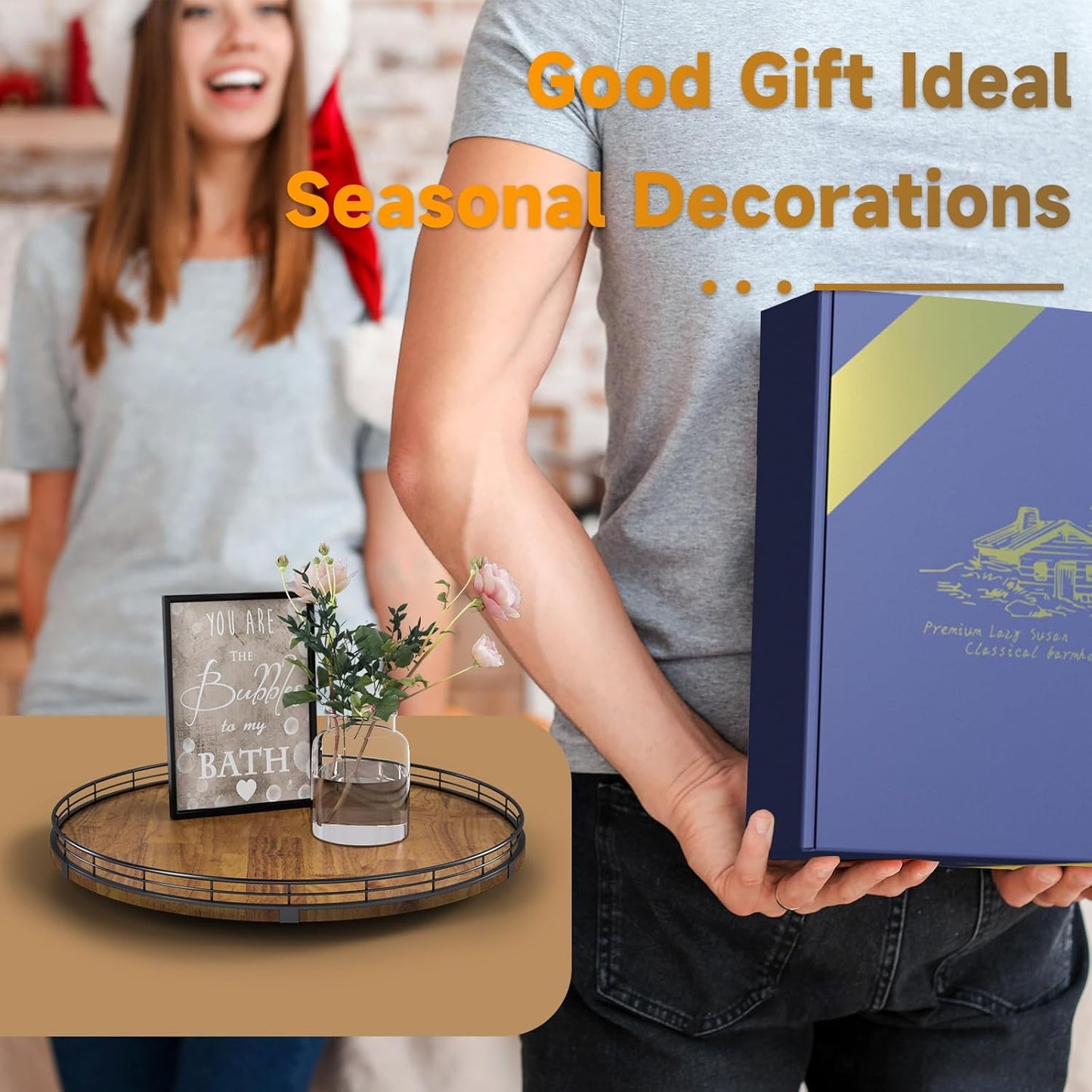 Farmhouse Oak 18" Lazy Susan Turntable Organizer for Cabinet, Round Wooden Lazy Susan Organization and Storage for Dining Table, Pantry, Kitchen, Countertop, Cupboard,Home Decor, Walnut Wood (18")