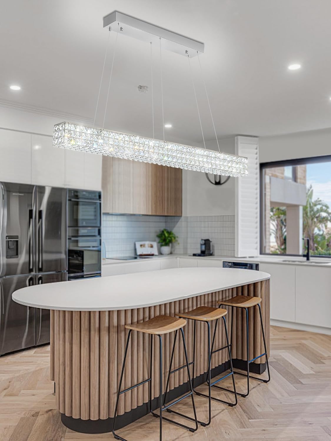 W48 Modern Rectangular Crystal Chandeliers Dining Room Chandelier,Silver Pendant Light Fixture with Remote Control for Living Room Kitchen Island