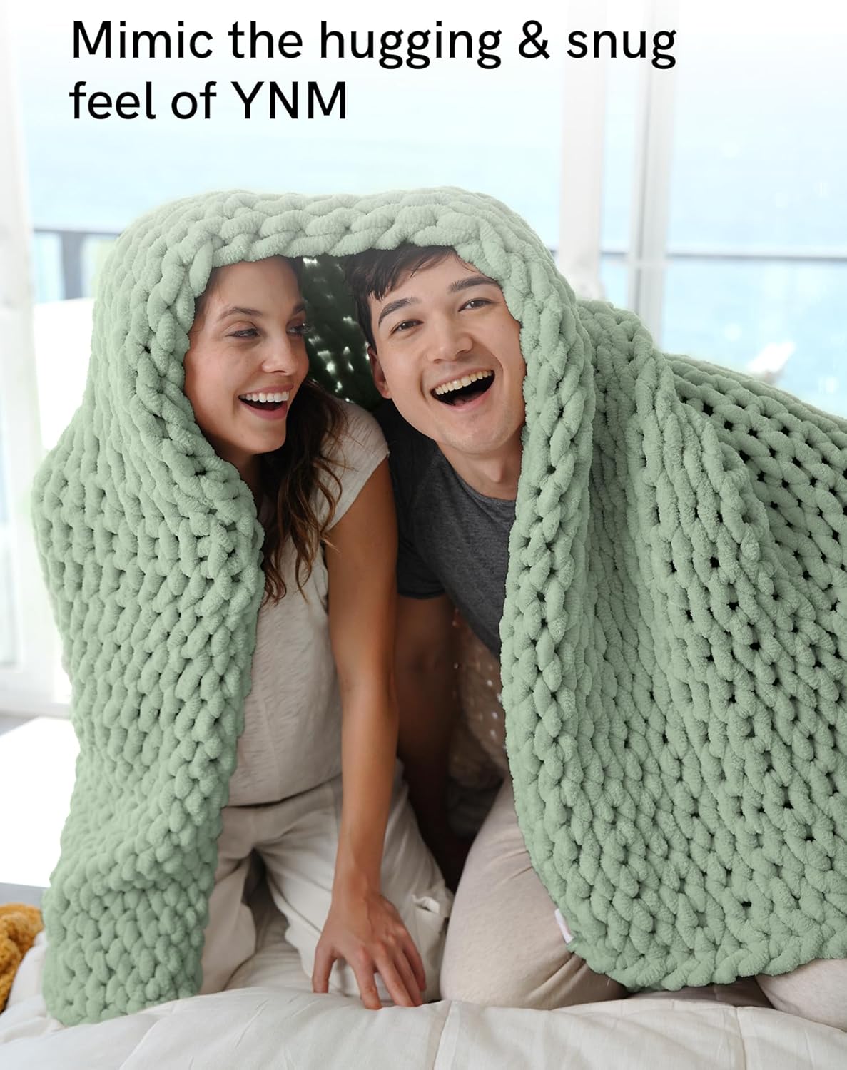 YnM Chunky Throw Blanket, Medium-Weight, Hand Knitted with Chenille Yarn, Skin Friendly, Ventilated and Breathable, Machine Washable, Home Décor Piece for Couch, Sofa and Bed (Sage Green, 50x60 Inch)